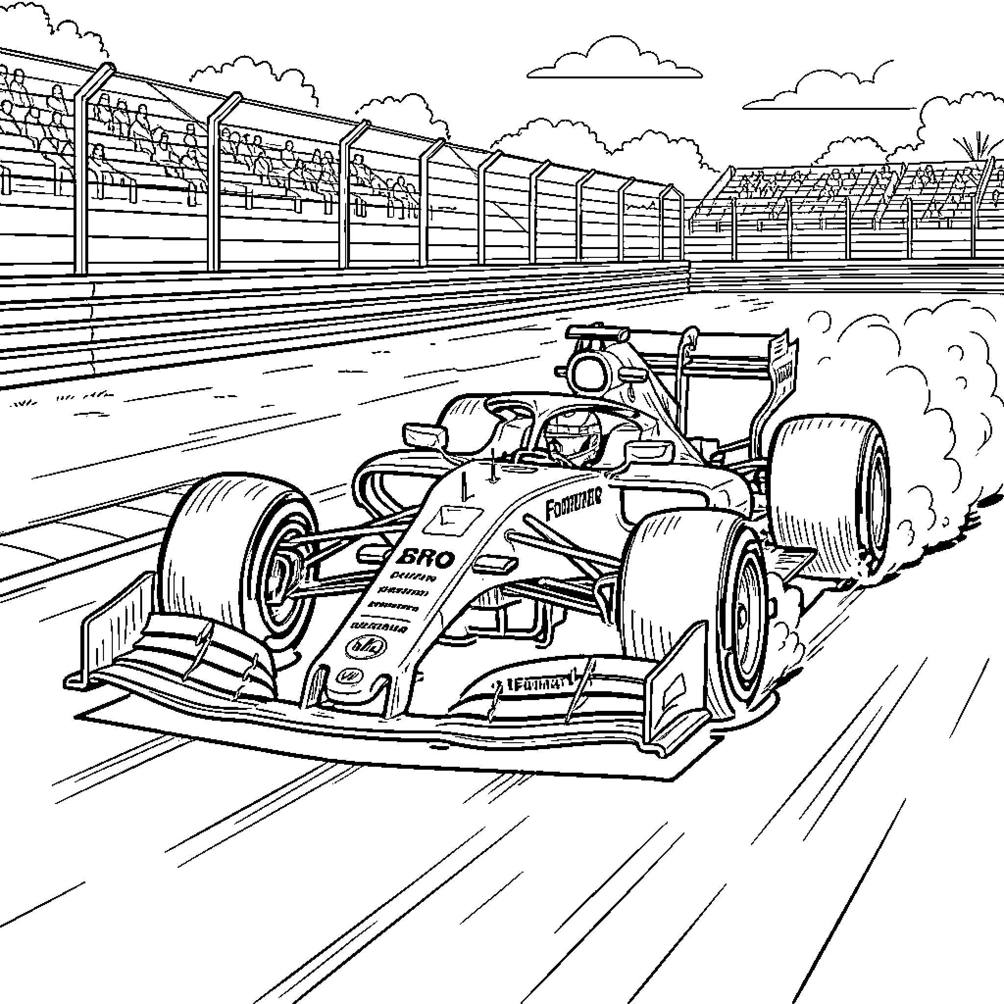 Formula 1 racing car speeding through a track circuit Coloring Page (free black-and-white line drawing printable PDF for all, from beginners to advanced learners, including children, teens, adults, and seniors)