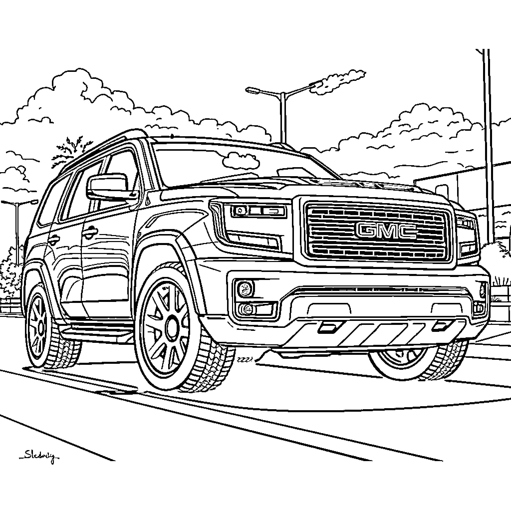 GMC Pickup Truck on City Street Coloring Page (free black-and-white line drawing printable PDF for all, from beginners to advanced learners, including children, teens, adults, and seniors)