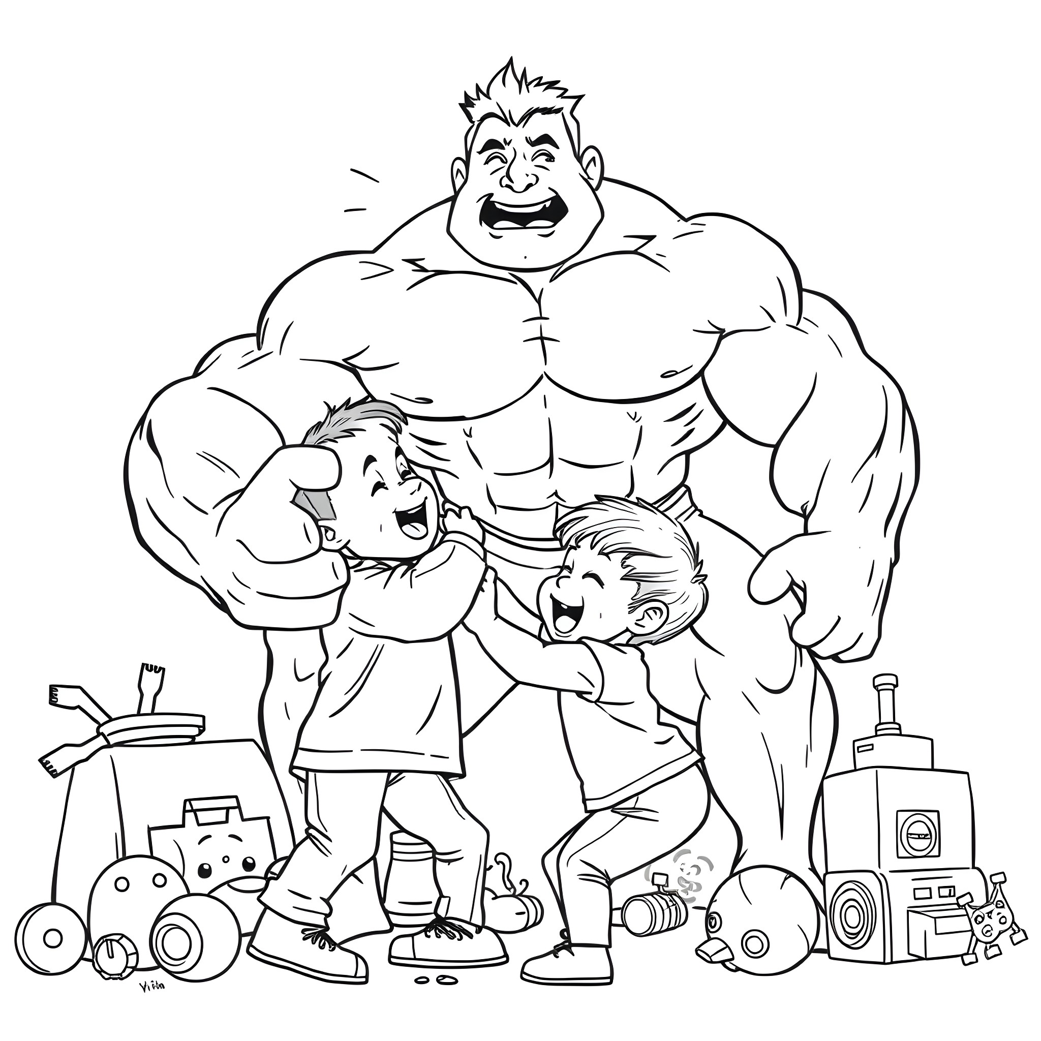 Toddler playing happily with muscular man and friends Coloring Page (free black-and-white line drawing printable PDF for all, from beginners to advanced learners, including children, teens, adults, and seniors)