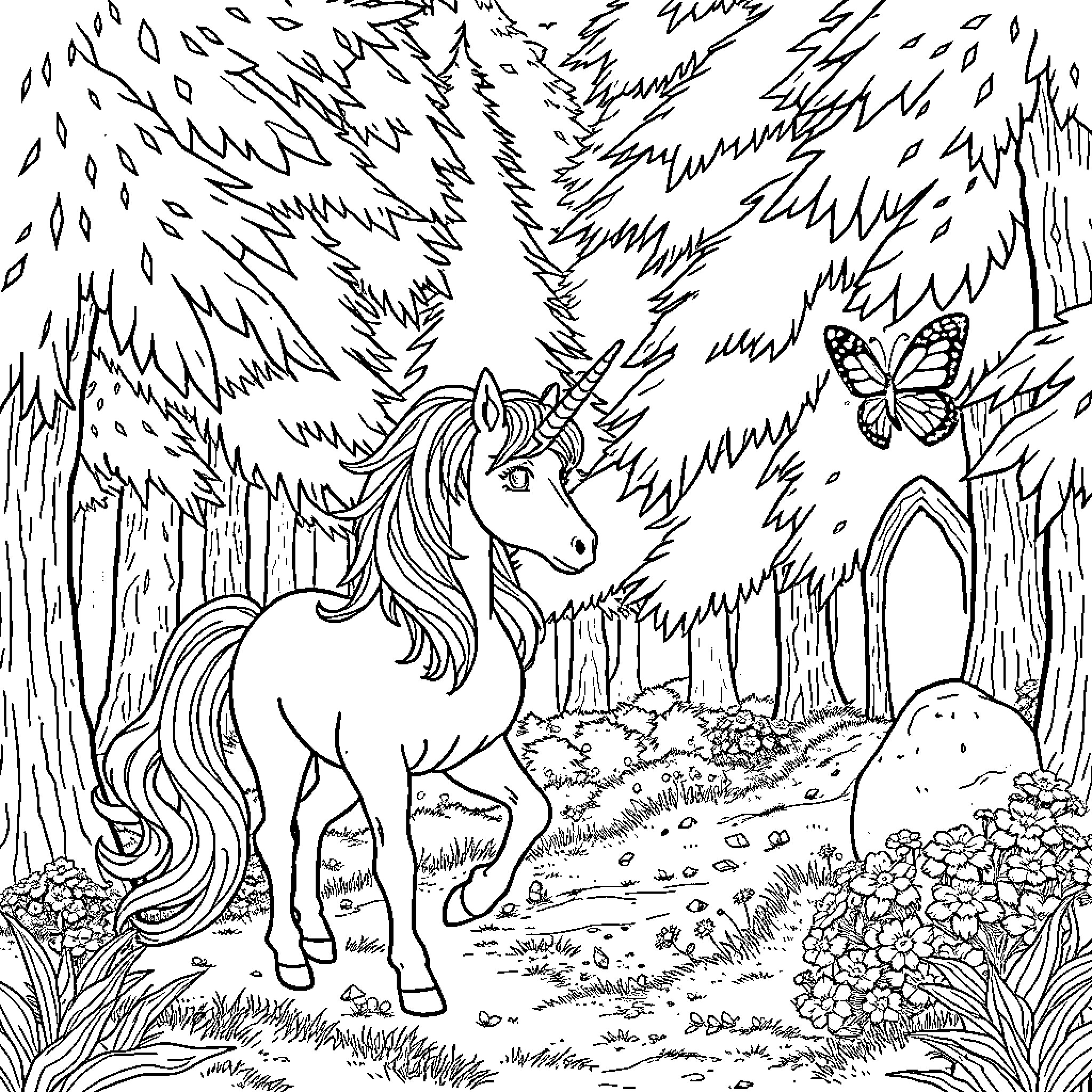Unicorn in the enchanted forest with butterflies Coloring Page (free black-and-white line drawing printable PDF for all, from beginners to advanced learners, including children, teens, adults, and seniors)