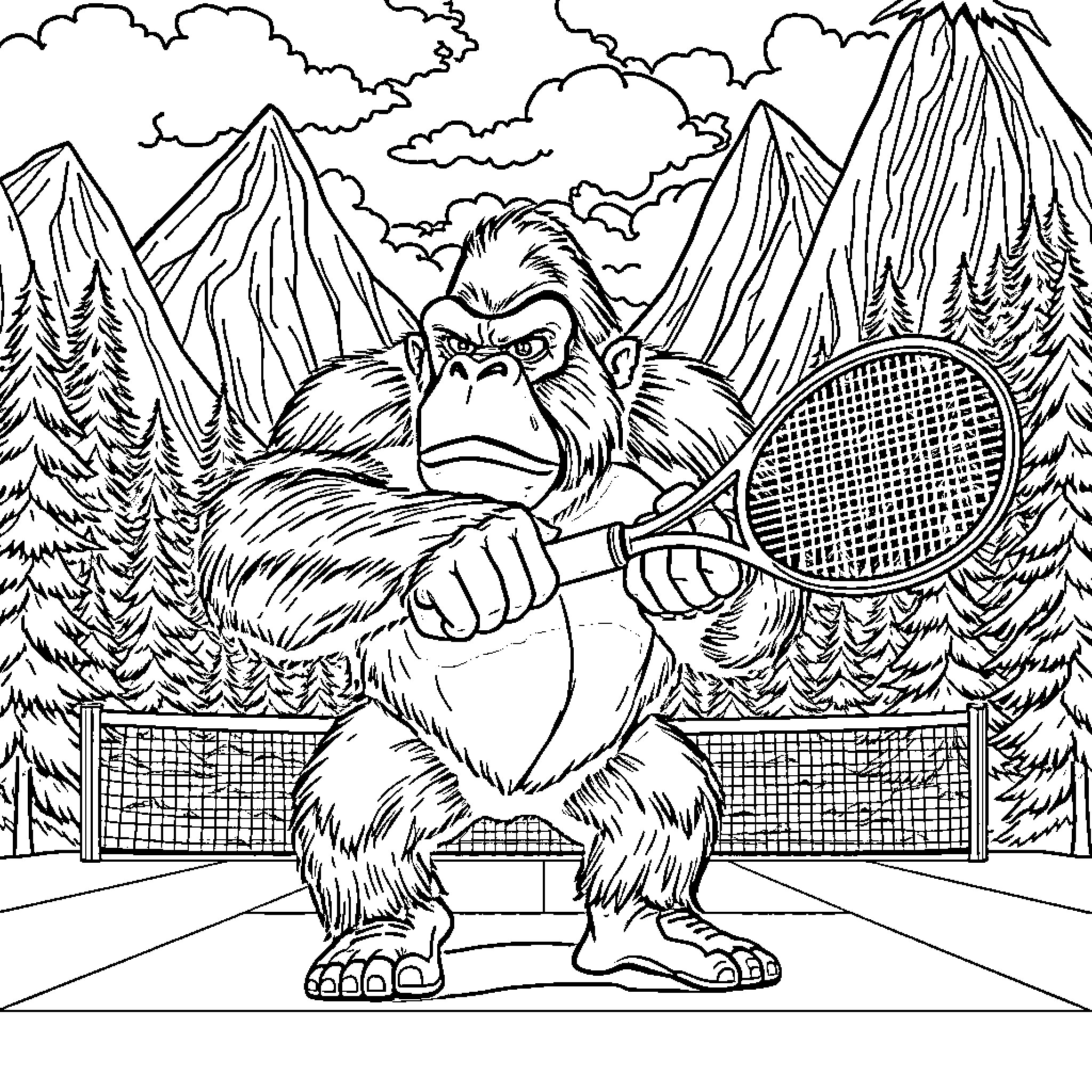 King Kong Playing Tennis in the Mountains Coloring Page (free black-and-white line drawing printable PDF for all, from beginners to advanced learners, including children, teens, adults, and seniors)