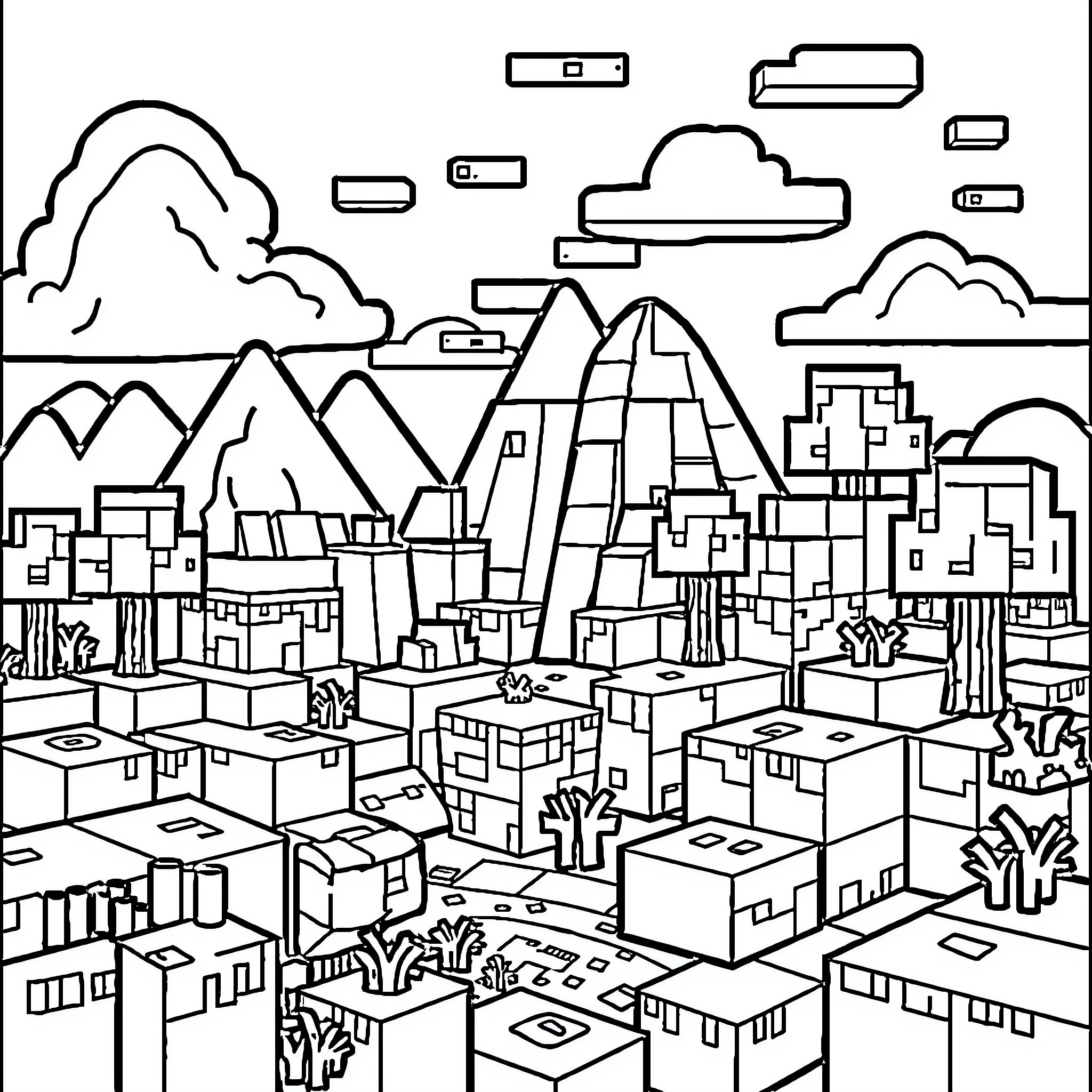 Minecraft Cityscape with Mountains and Clouds Coloring Page (free black-and-white line drawing printable PDF for all, from beginners to advanced learners, including children, teens, adults, and seniors)