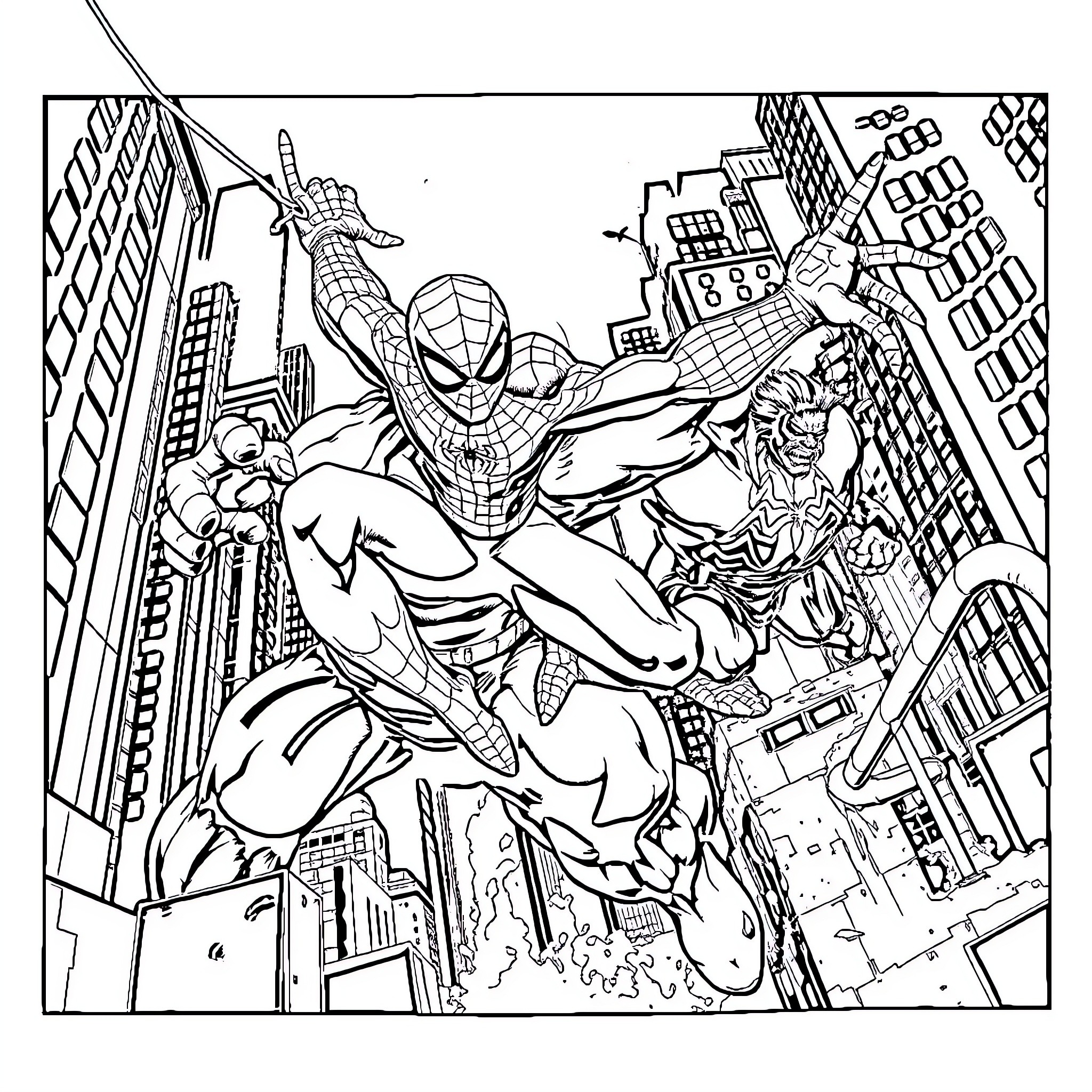 Spider-Man swinging heroically through the city Coloring Page (free black-and-white line drawing printable PDF for all, from beginners to advanced learners, including children, teens, adults, and seniors)
