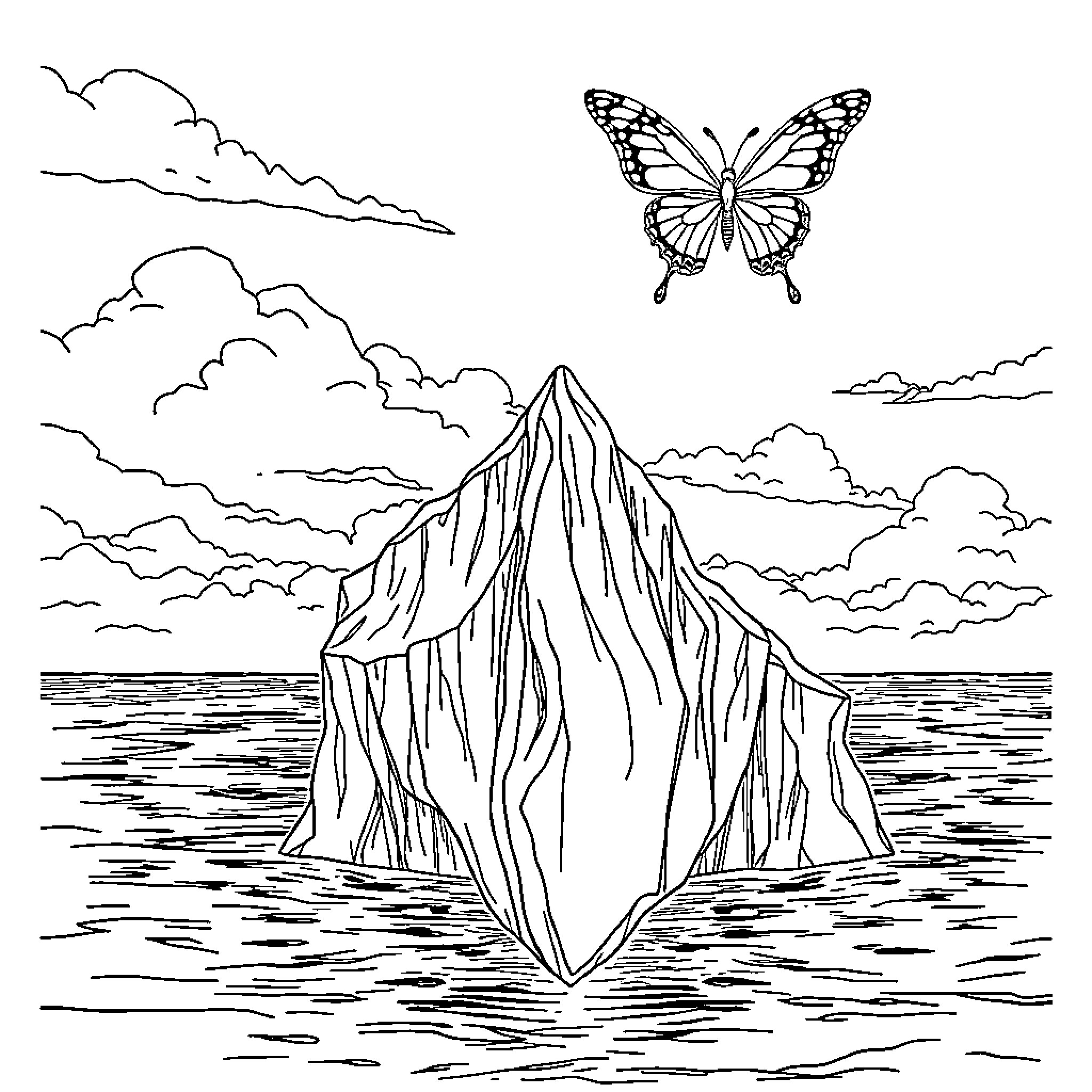 Butterfly soaring over majestic ocean landscape Coloring Page (free black-and-white line drawing printable PDF for all, from beginners to advanced learners, including children, teens, adults, and seniors)