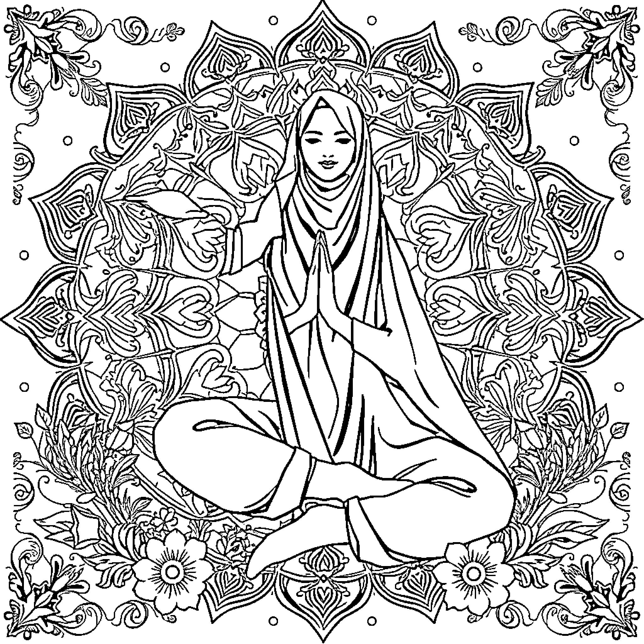 Muslim Woman in Peaceful Meditation Coloring Page (free black-and-white line drawing printable PDF for all, from beginners to advanced learners, including children, teens, adults, and seniors)