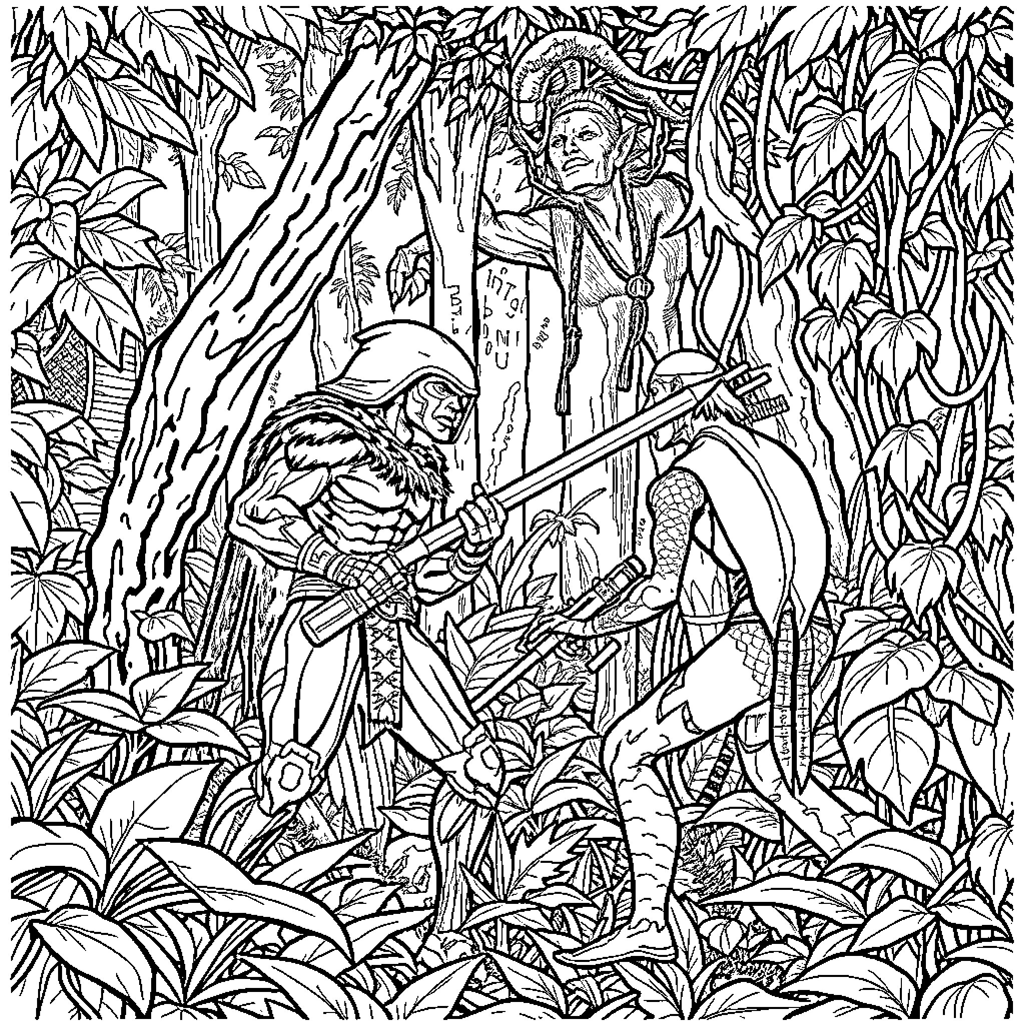 Yautja warriors in the dense jungle foliage Coloring Page (free black-and-white line drawing printable PDF for all, from beginners to advanced learners, including children, teens, adults, and seniors)