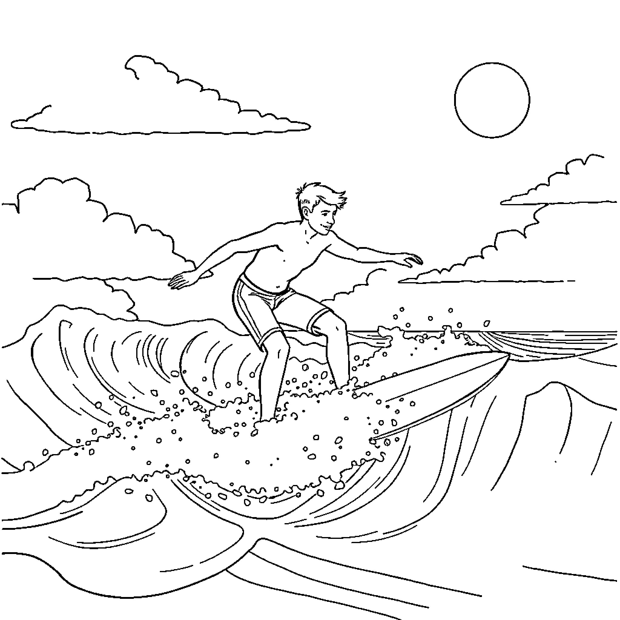 Pencil sketched person surfing in the ocean Coloring Page (free black-and-white line drawing printable PDF for all, from beginners to advanced learners, including children, teens, adults, and seniors)