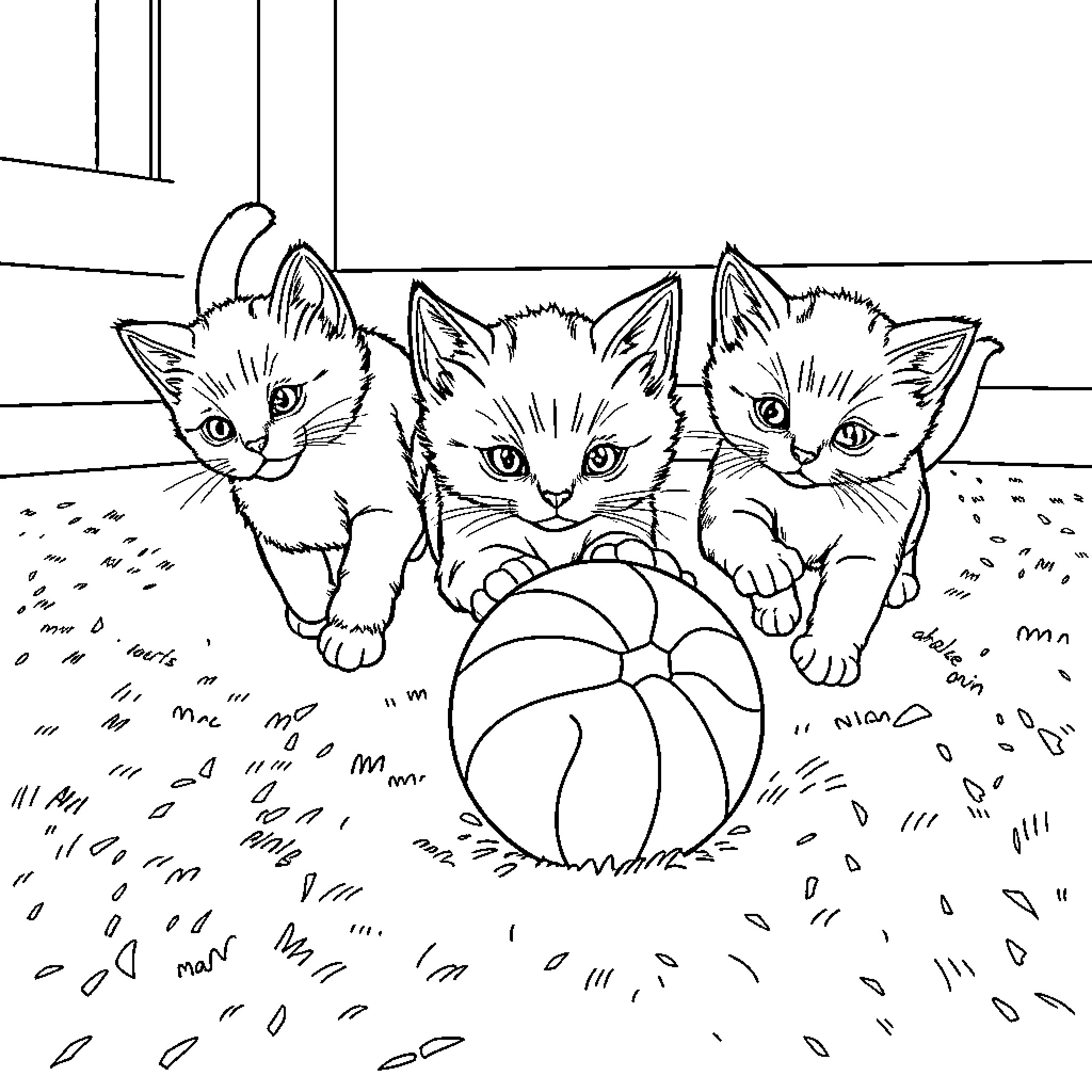 Kittens playing with a colorful ball Coloring Page (free black-and-white line drawing printable PDF for all, from beginners to advanced learners, including children, teens, adults, and seniors)