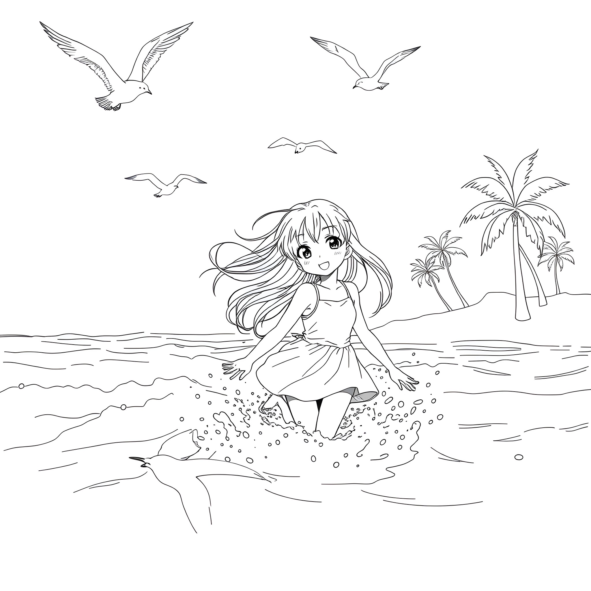 Anime Girl Playing Joyfully in Tropical Beach Coloring Page (free black-and-white line drawing printable PDF for all, from beginners to advanced learners, including children, teens, adults, and seniors)