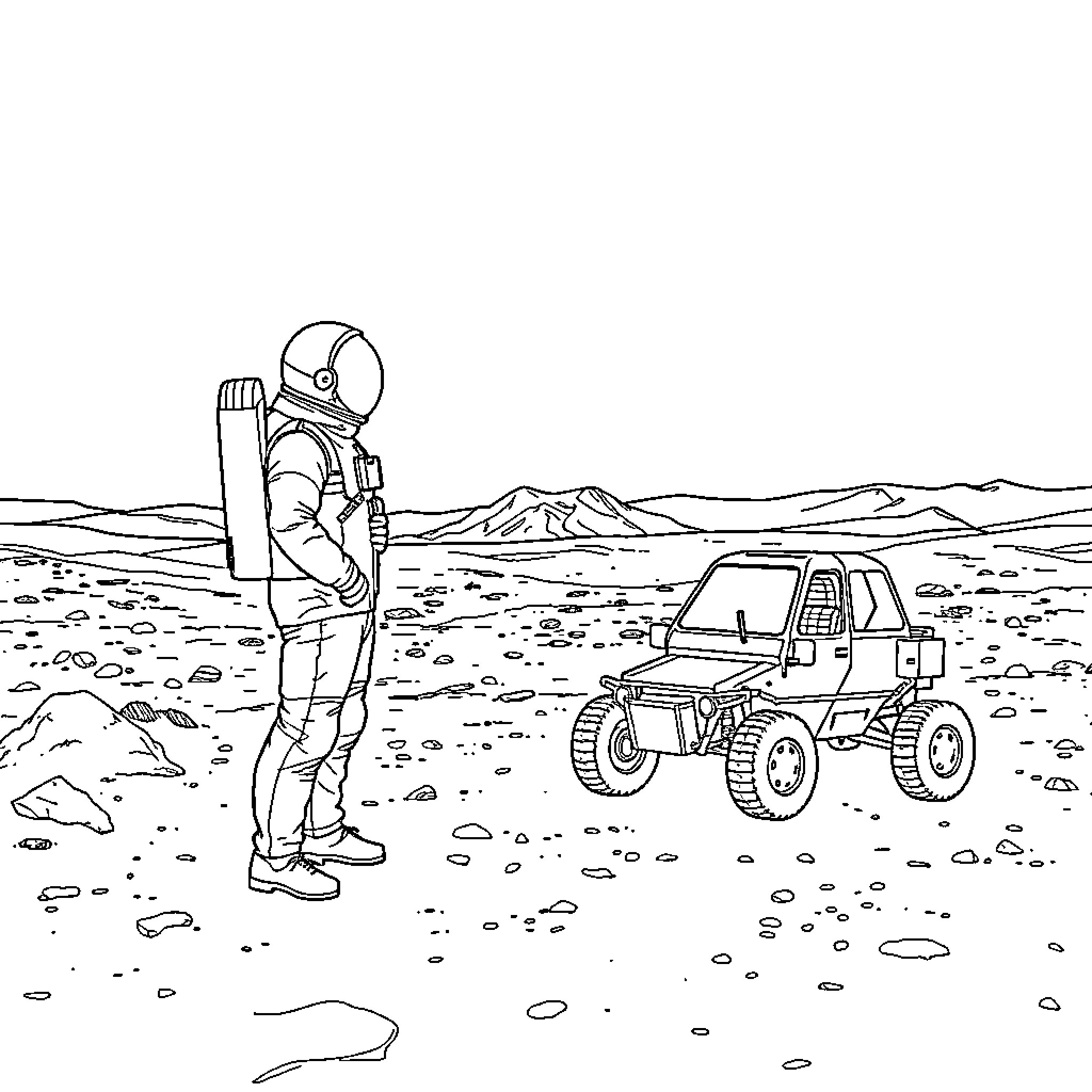 Man explores rugged terrain with rover vehicle Coloring Page (free black-and-white line drawing printable PDF for all, from beginners to advanced learners, including children, teens, adults, and seniors)