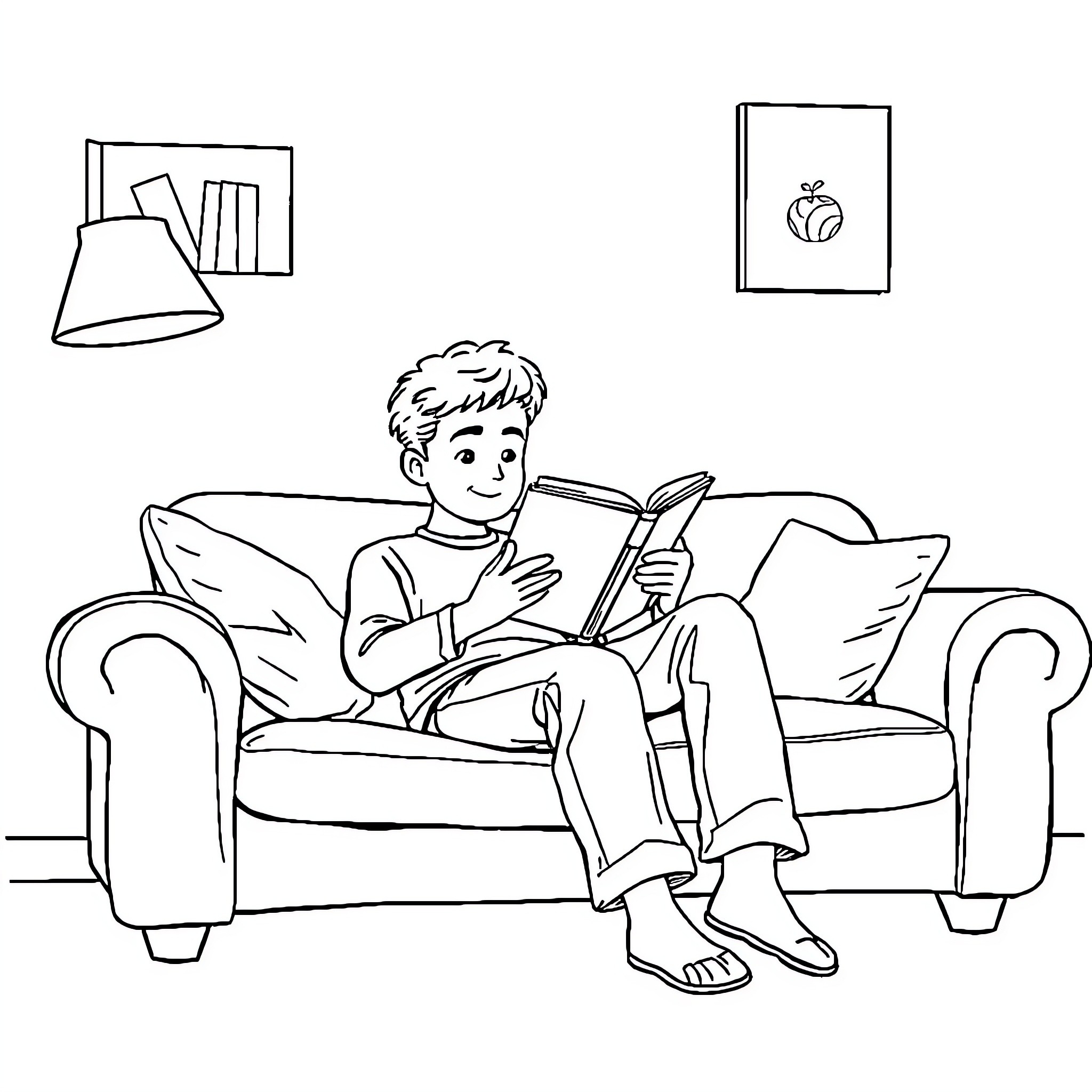 Elijah reading a book on the couch Coloring Page (free black-and-white line drawing printable PDF for all, from beginners to advanced learners, including children, teens, adults, and seniors)