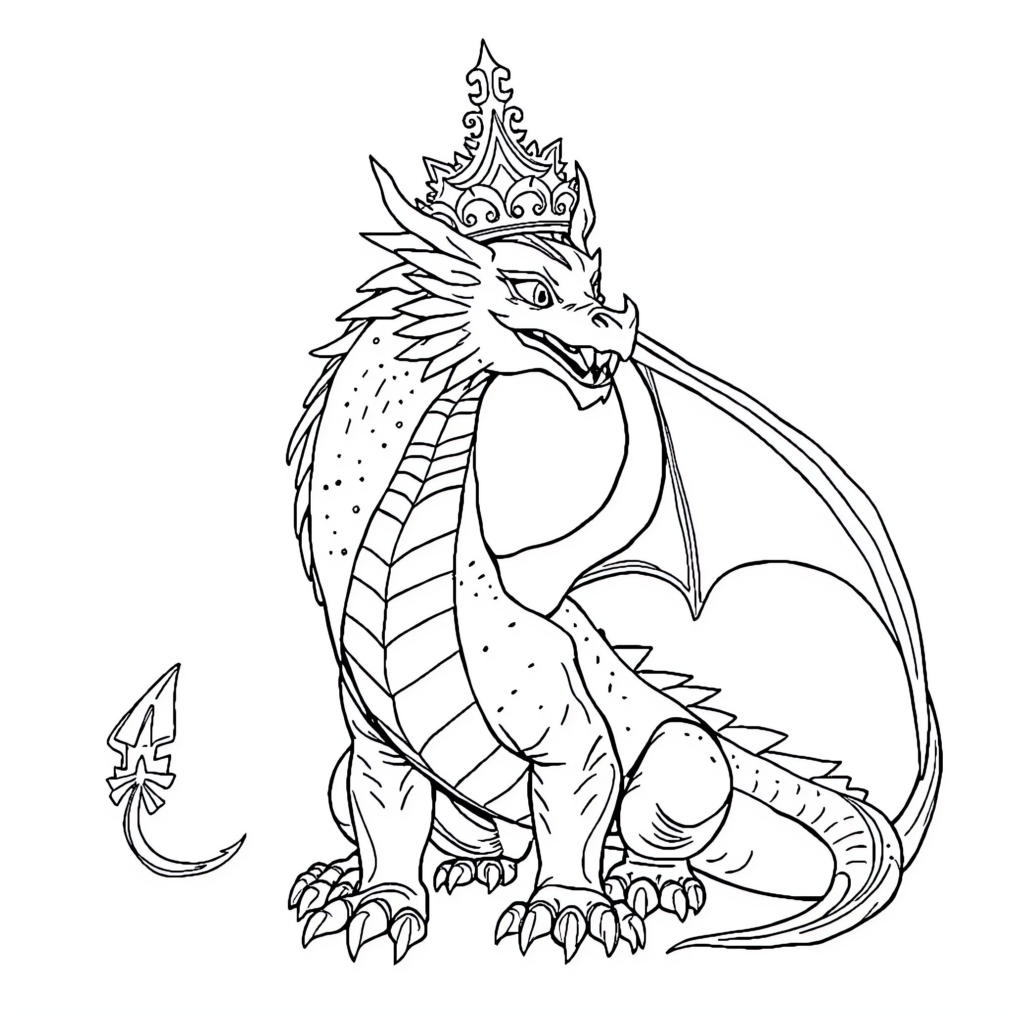 Dragon with ornamental crown and claws Coloring Page (free black-and-white line drawing printable PDF for all, from beginners to advanced learners, including children, teens, adults, and seniors)