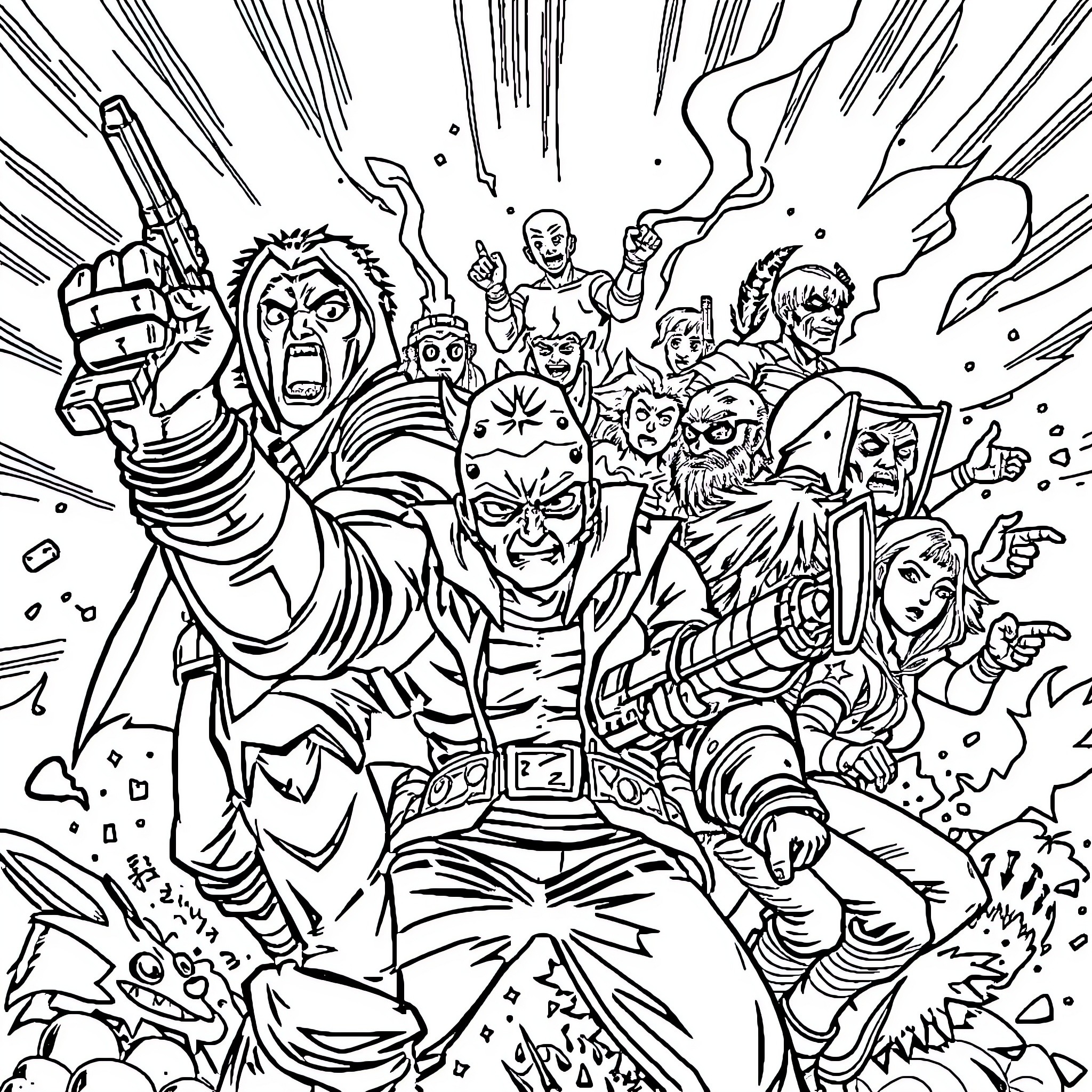 Manga Action-Packed Heroic Battle Scene Coloring Page (free black-and-white line drawing printable PDF for all, from beginners to advanced learners, including children, teens, adults, and seniors)
