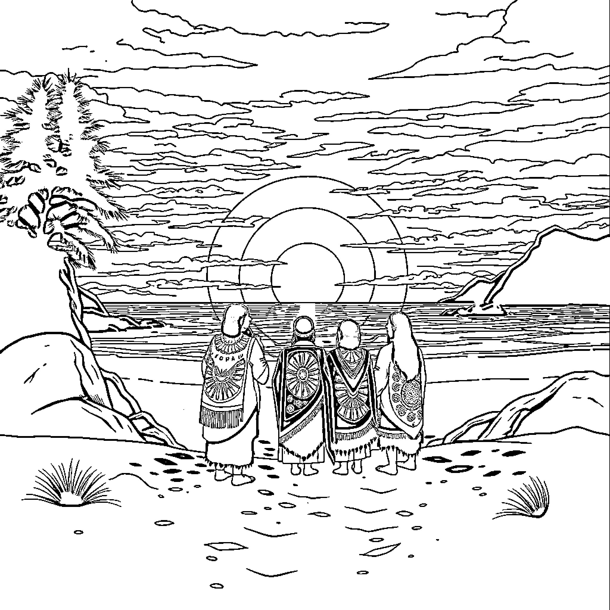 Singer performing at sunset beach with native costumes Coloring Page (free black-and-white line drawing printable PDF for all, from beginners to advanced learners, including children, teens, adults, and seniors)