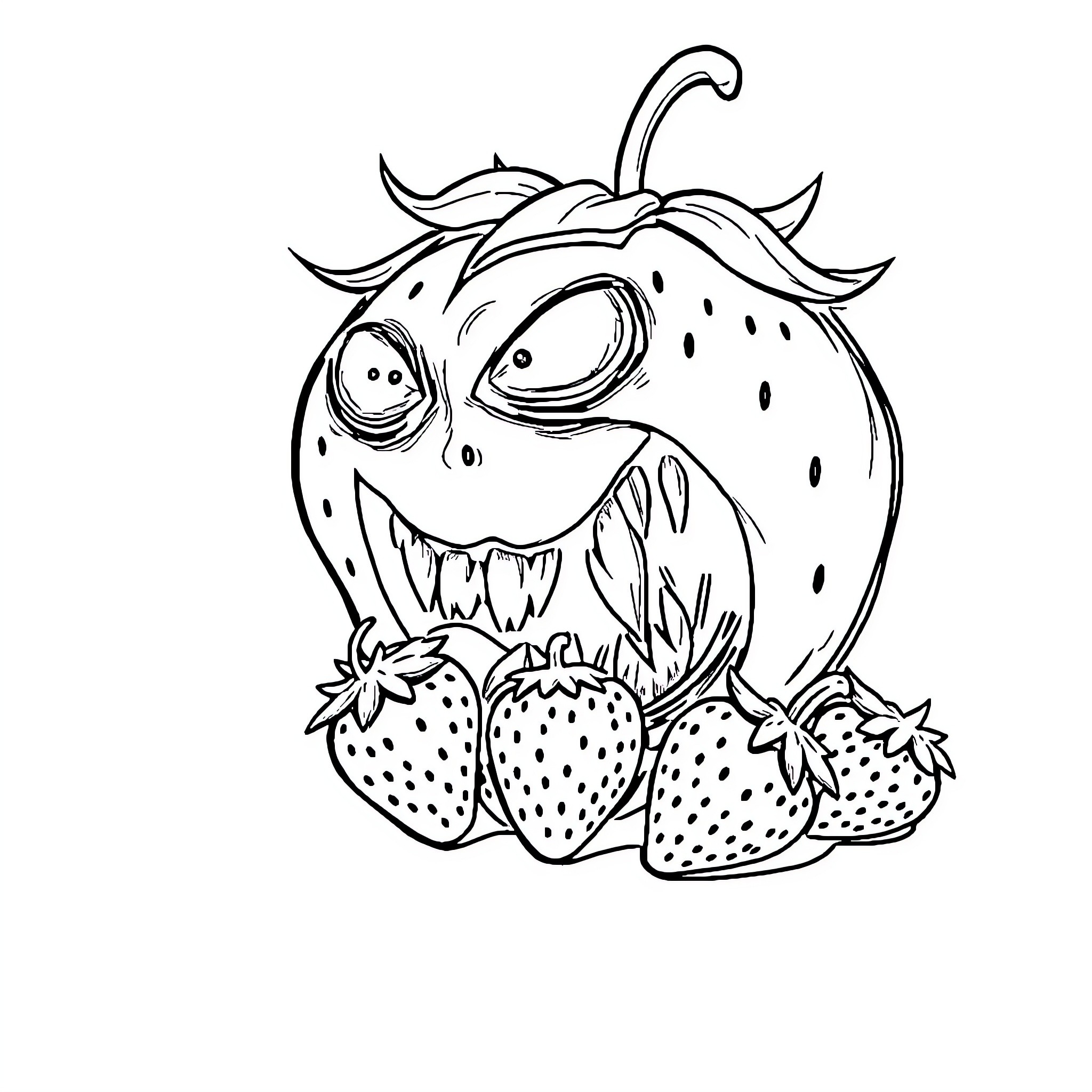 Strawberry Monster with Menacing Expression Coloring Page (free black-and-white line drawing printable PDF for all, from beginners to advanced learners, including children, teens, adults, and seniors)