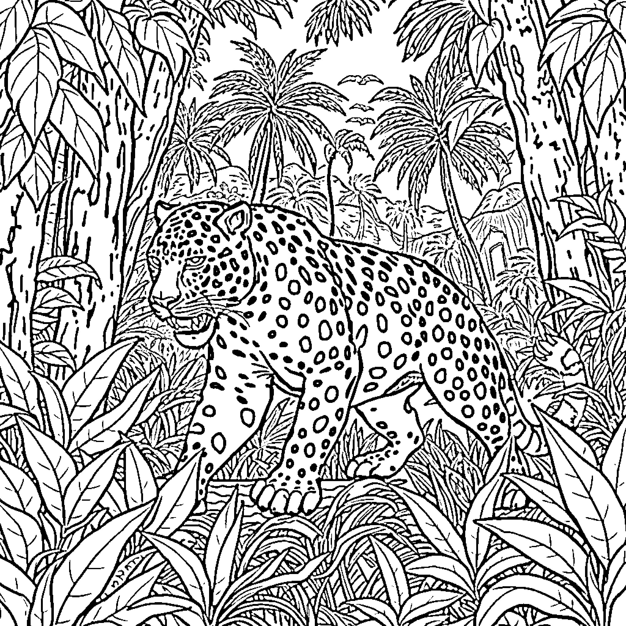 Jaguar stalking through lush jungle foliage Coloring Page (free black-and-white line drawing printable PDF for all, from beginners to advanced learners, including children, teens, adults, and seniors)