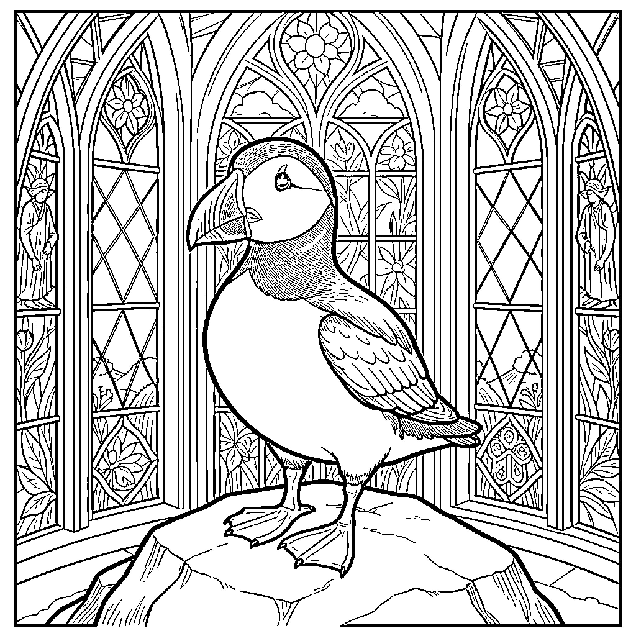 Puffin standing majestically amidst ornate gothic windows Coloring Page (free black-and-white line drawing printable PDF for all, from beginners to advanced learners, including children, teens, adults, and seniors)