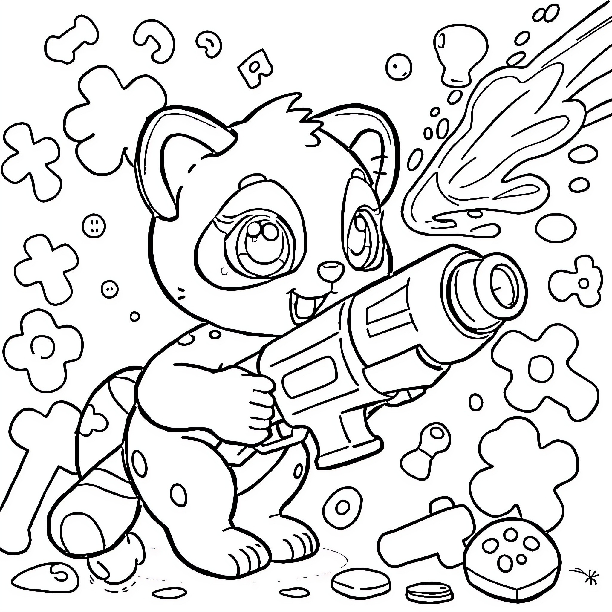 Pandypaws playing joyfully with colorful objects Coloring Page (free black-and-white line drawing printable PDF for all, from beginners to advanced learners, including children, teens, adults, and seniors)