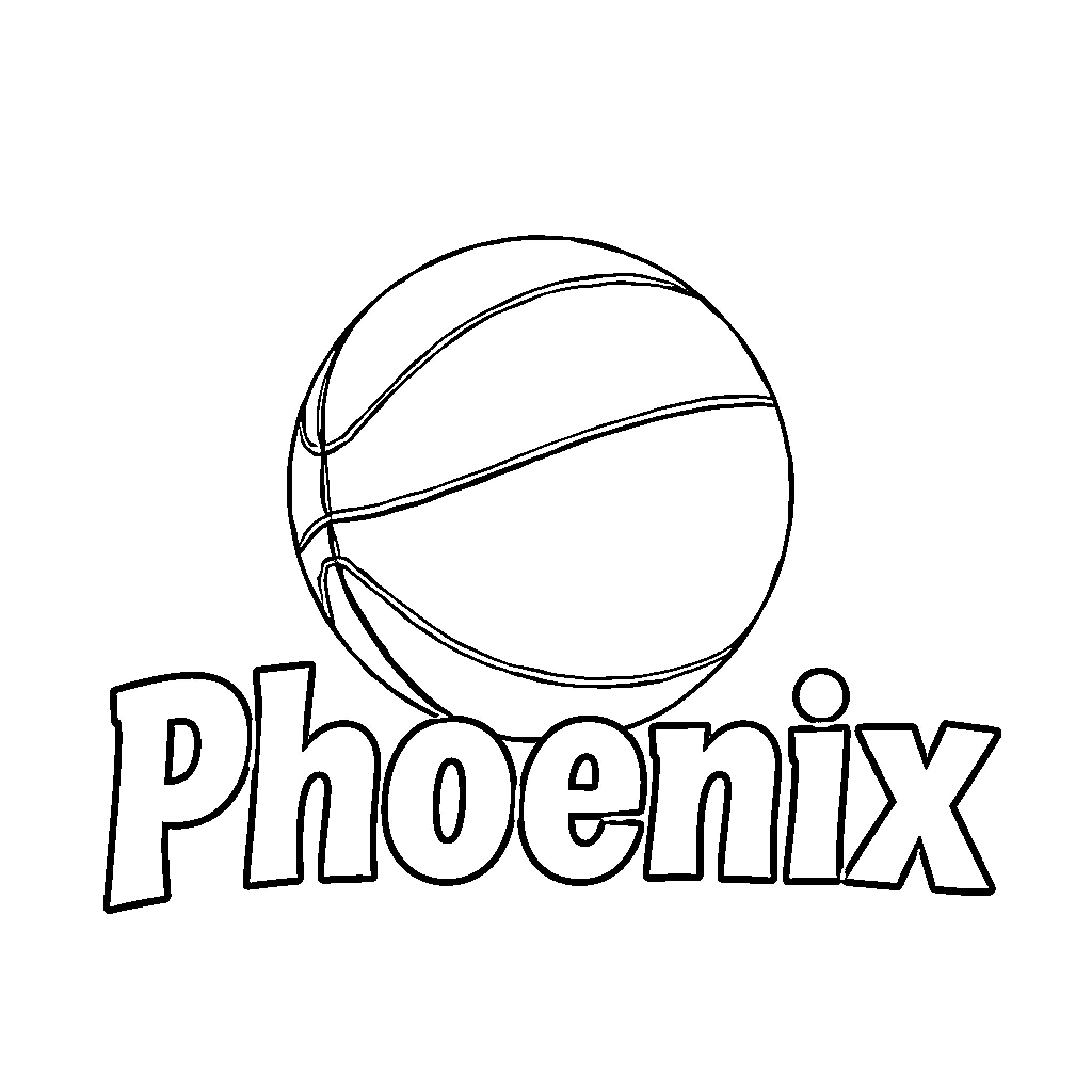 Basketball with team name Phoenix Coloring Page (free black-and-white line drawing printable PDF for all, from beginners to advanced learners, including children, teens, adults, and seniors)