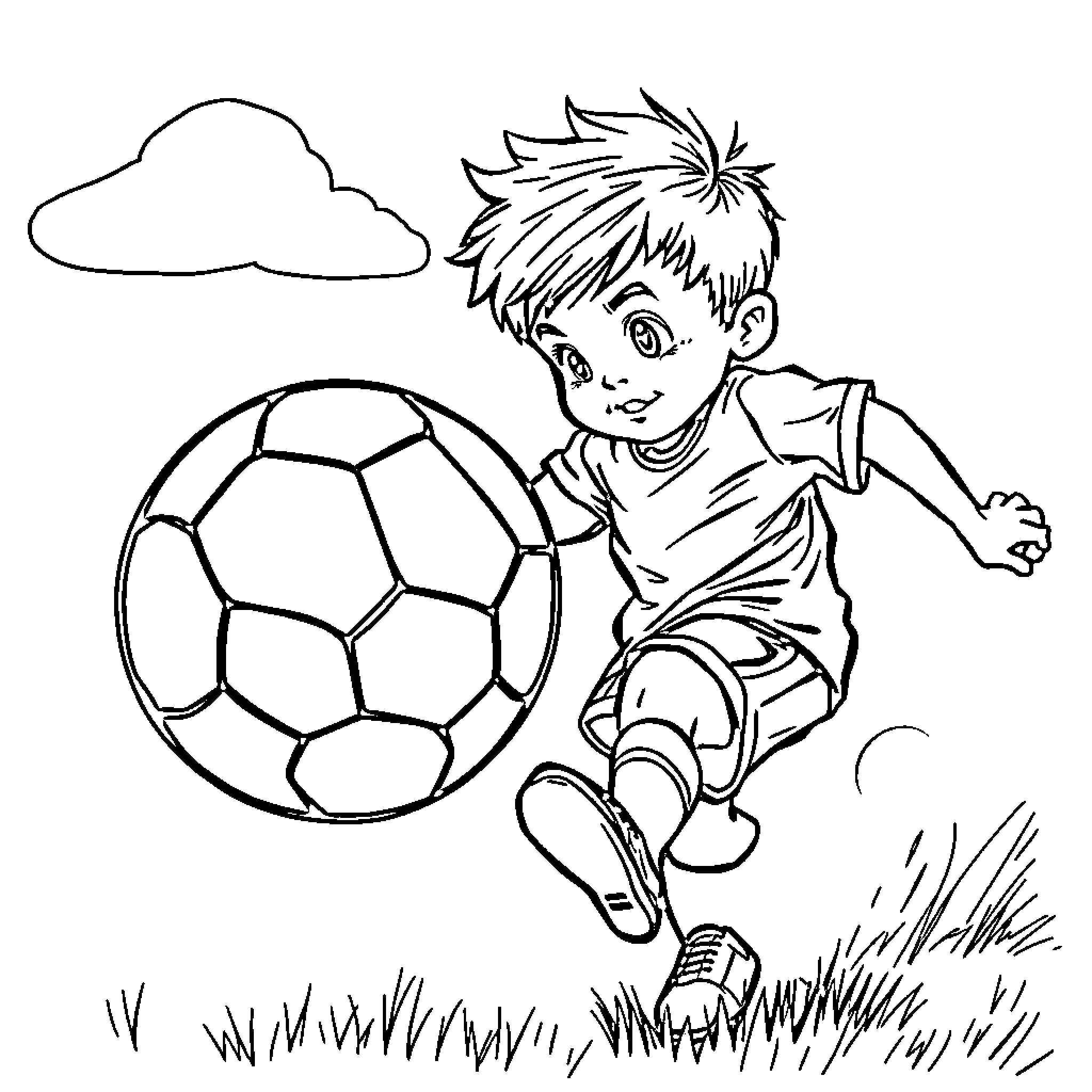 Kid playing energetically with soccer ball outdoors Coloring Page (free black-and-white line drawing printable PDF for all, from beginners to advanced learners, including children, teens, adults, and seniors)
