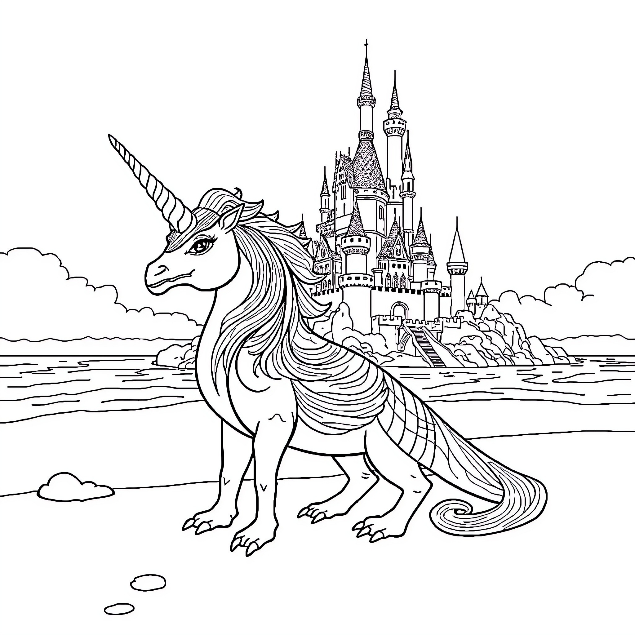 Unicorn guarding the magical castle Coloring Page (free black-and-white line drawing printable PDF for all, from beginners to advanced learners, including children, teens, adults, and seniors)