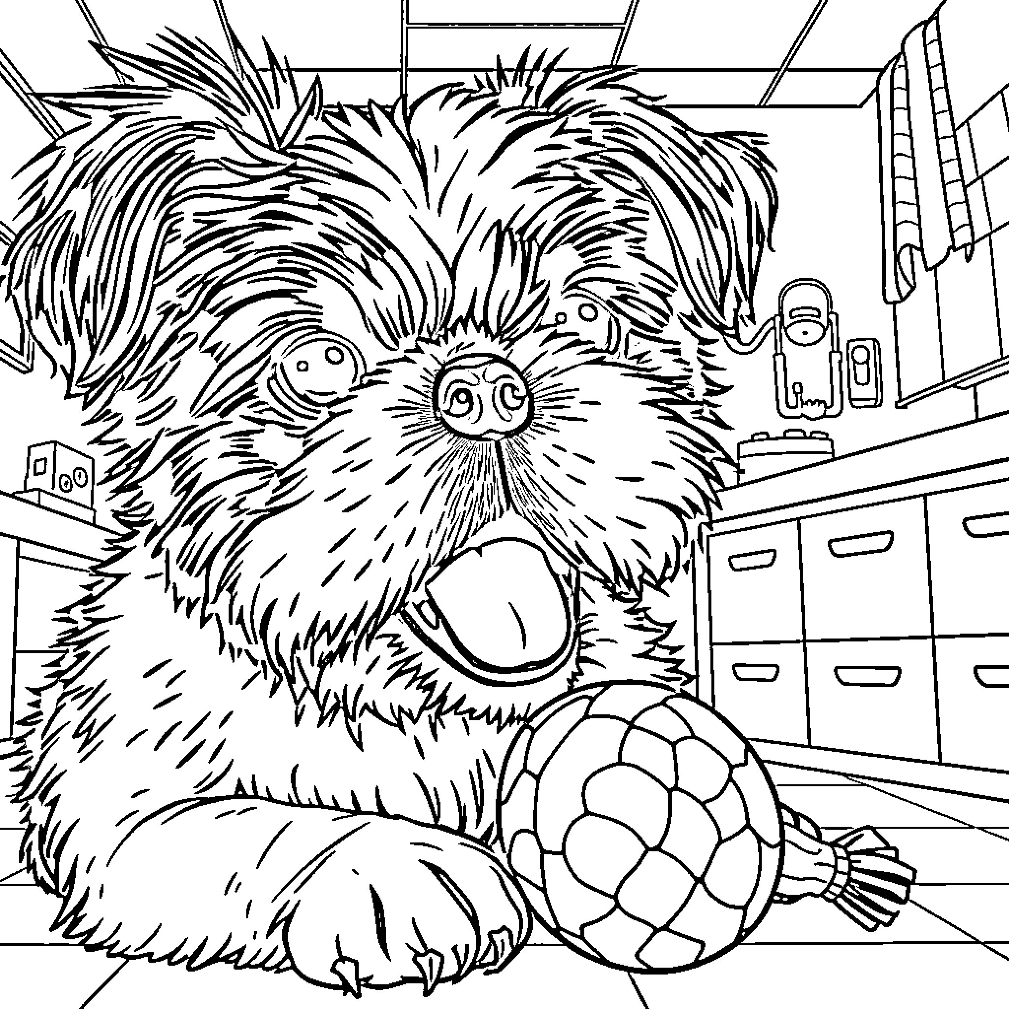 Shih Tzu playing with a toy in an office Coloring Page (free black-and-white line drawing printable PDF for all, from beginners to advanced learners, including children, teens, adults, and seniors)