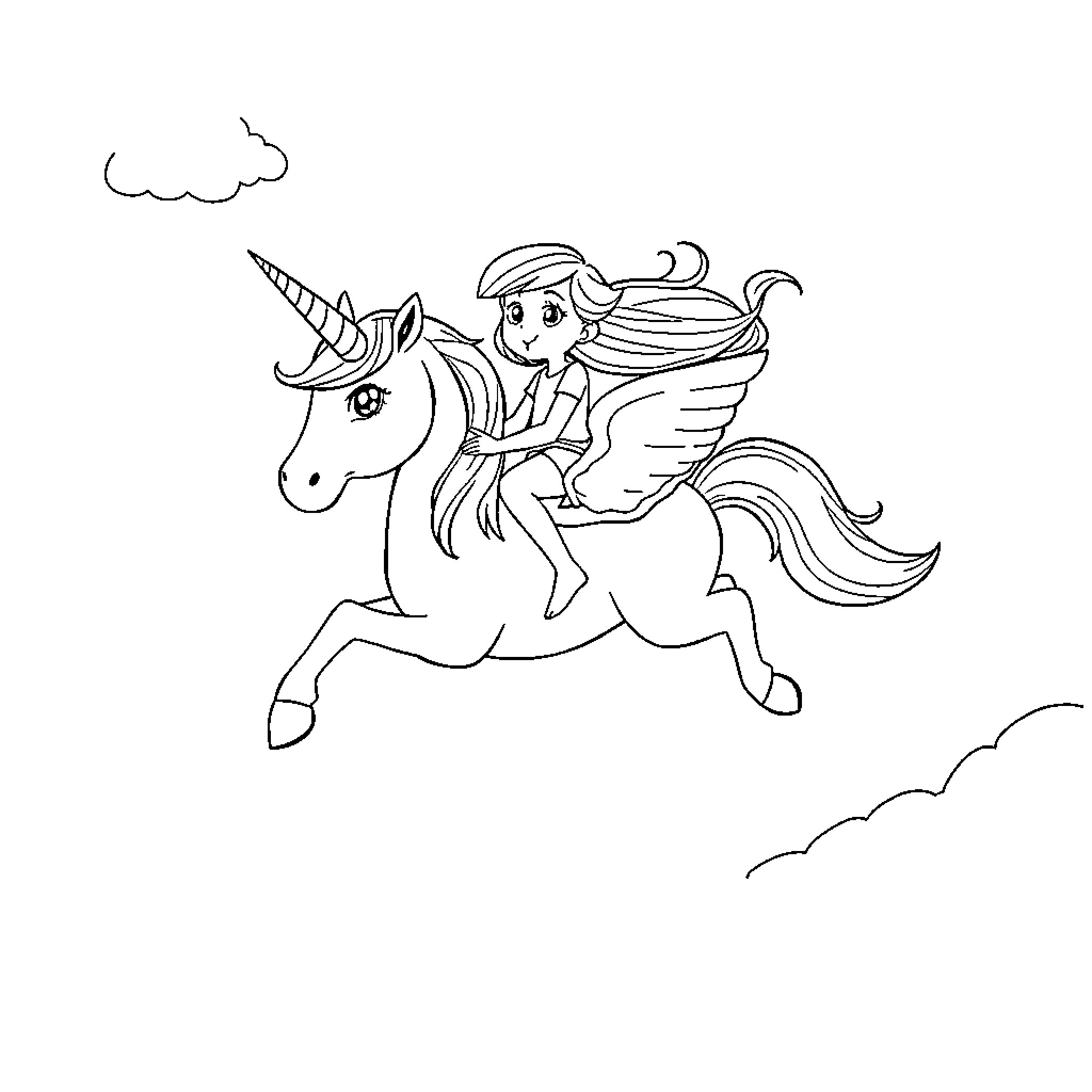 Unicorn Rider Soaring Through the Skies Coloring Page (free black-and-white line drawing printable PDF for all, from beginners to advanced learners, including children, teens, adults, and seniors)