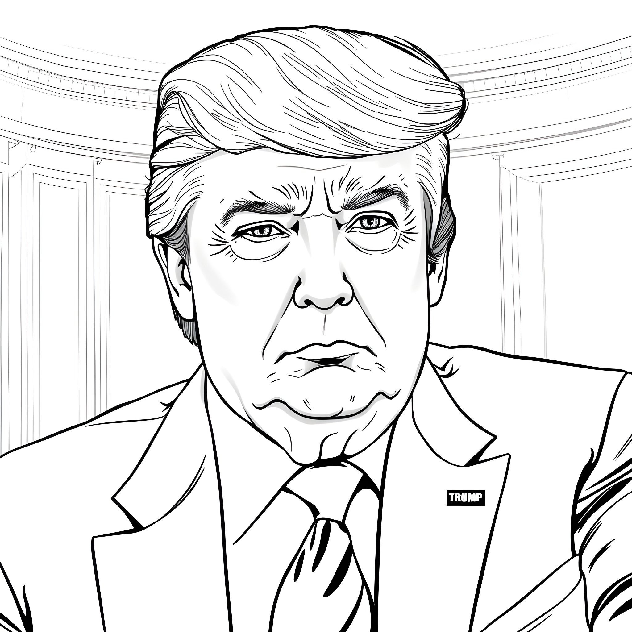 Donald Trump in a serious pose in the Oval Office Coloring Page (free black-and-white line drawing printable PDF for all, from beginners to advanced learners, including children, teens, adults, and seniors)