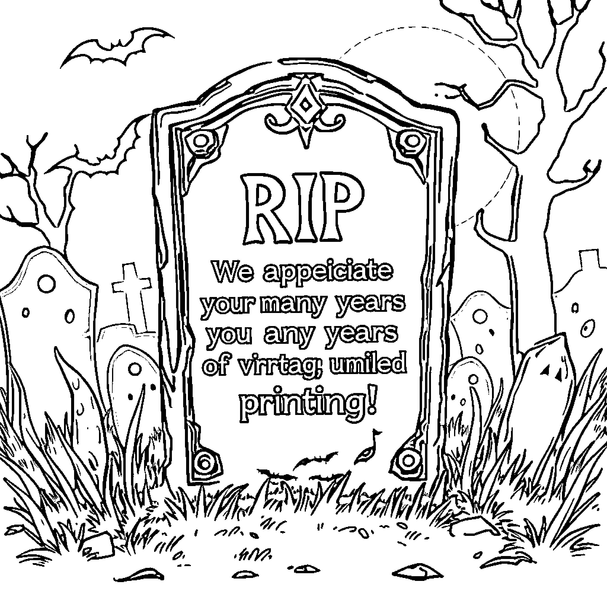 Tombstone honoring vintage printing Coloring Page (free black-and-white line drawing printable PDF for all, from beginners to advanced learners, including children, teens, adults, and seniors)