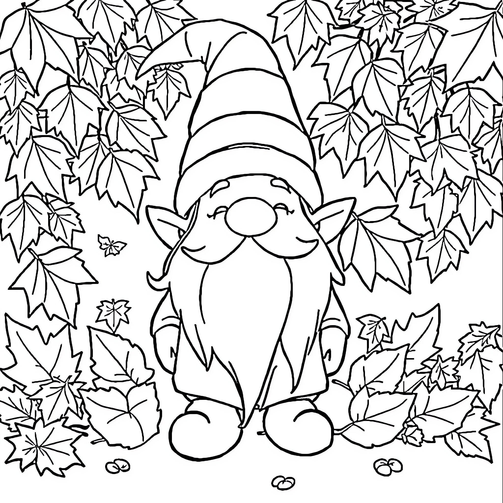 Gnome surrounded by autumn leaves Coloring Page (free black-and-white line drawing printable PDF for all, from beginners to advanced learners, including children, teens, adults, and seniors)