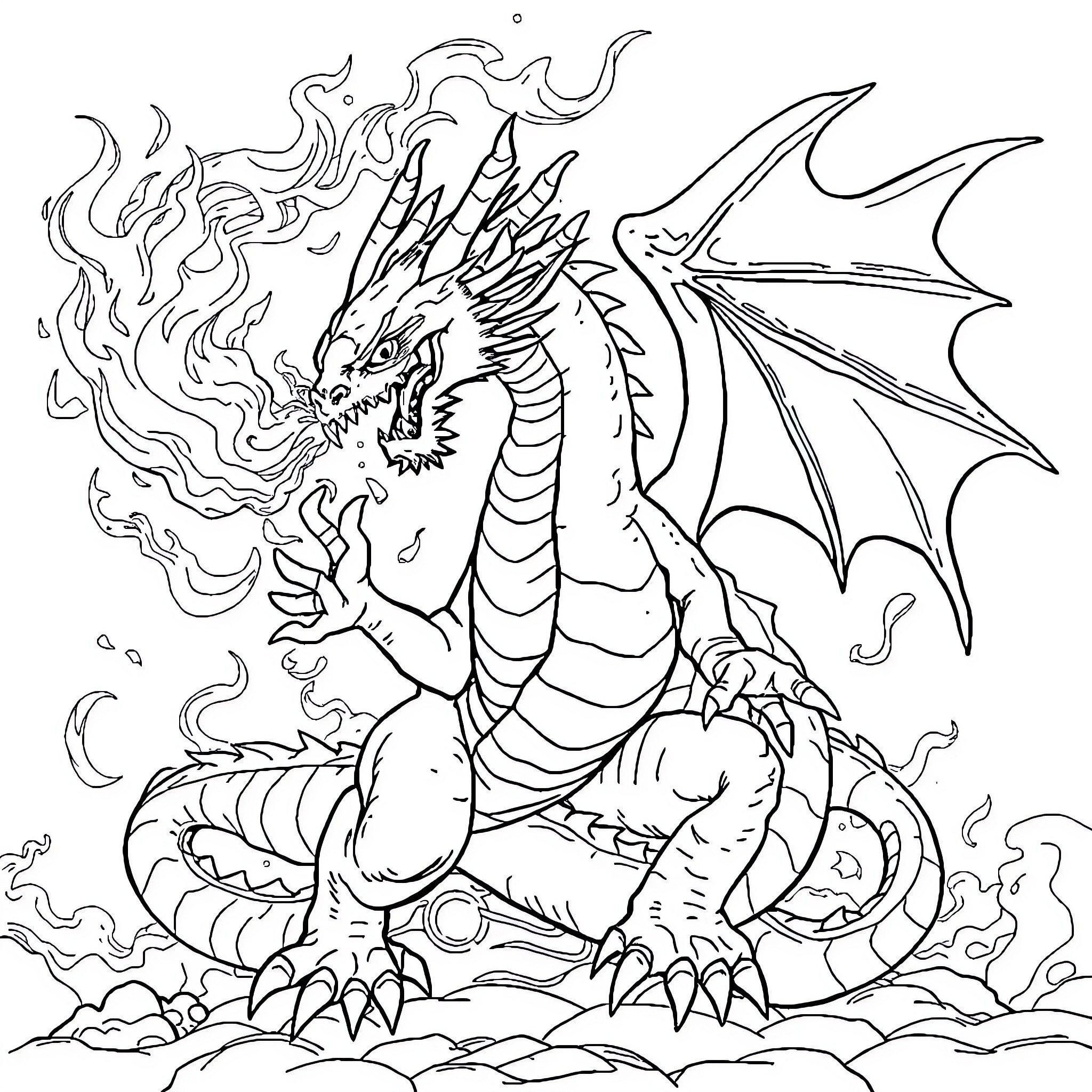 Dragon breathing fiery flames in fierce attack Coloring Page (free black-and-white line drawing printable PDF for all, from beginners to advanced learners, including children, teens, adults, and seniors)