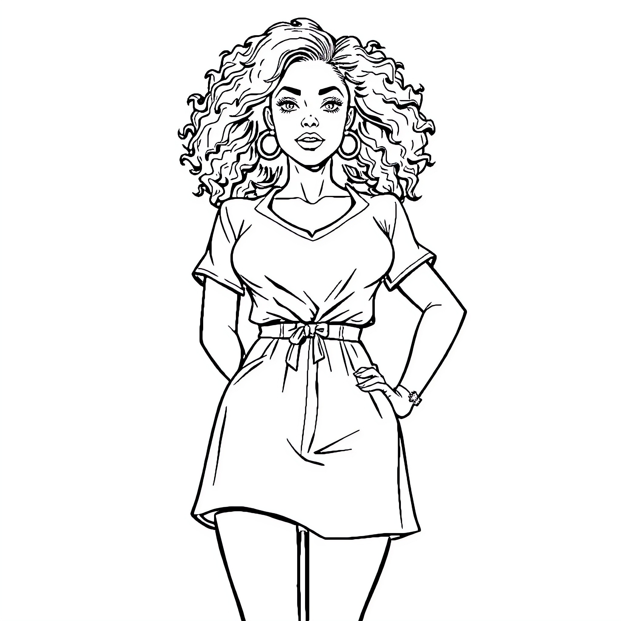 Woman in Stylish Dress with Curly Hair Coloring Page (free black-and-white line drawing printable PDF for all, from beginners to advanced learners, including children, teens, adults, and seniors)