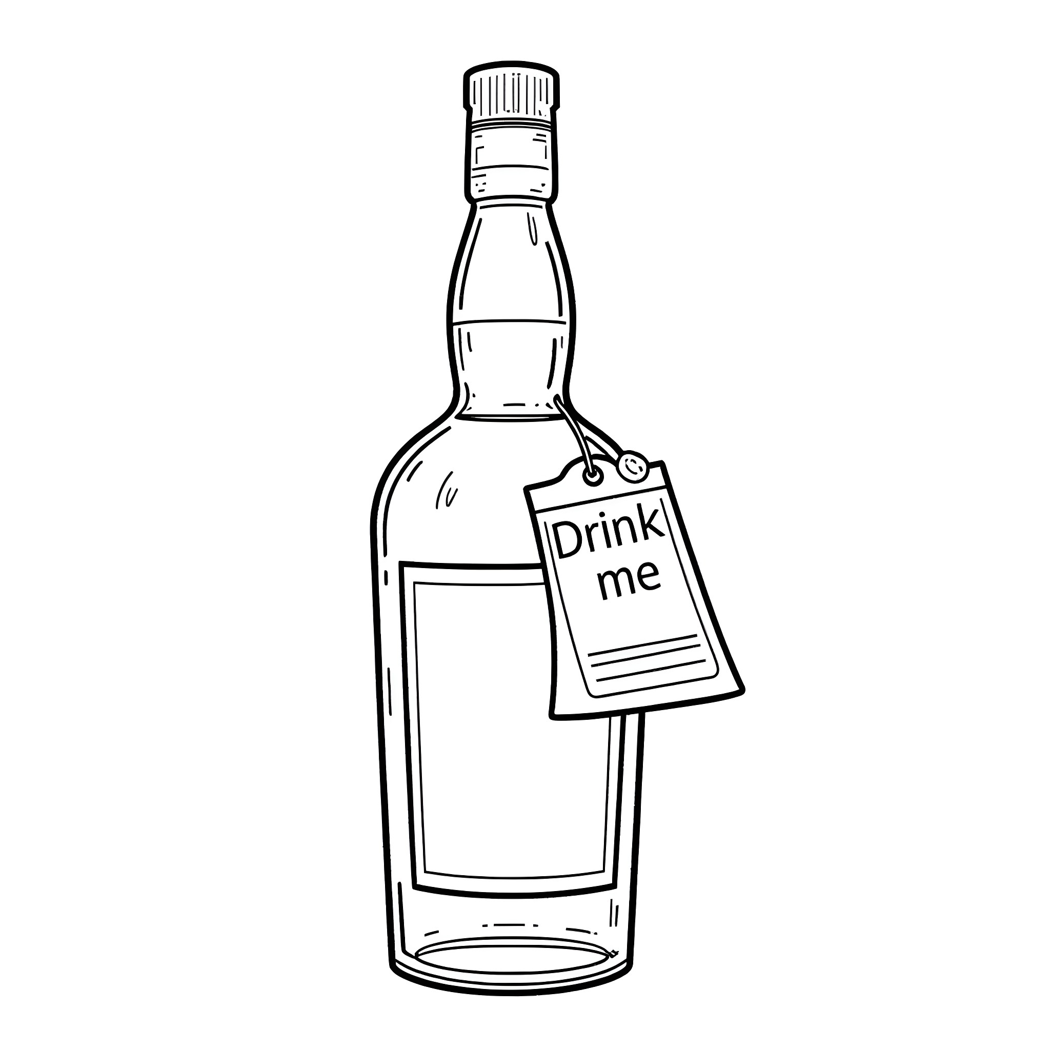 Whiskey bottle with 'Drink me' tag Coloring Page (free black-and-white line drawing printable PDF for all, from beginners to advanced learners, including children, teens, adults, and seniors)
