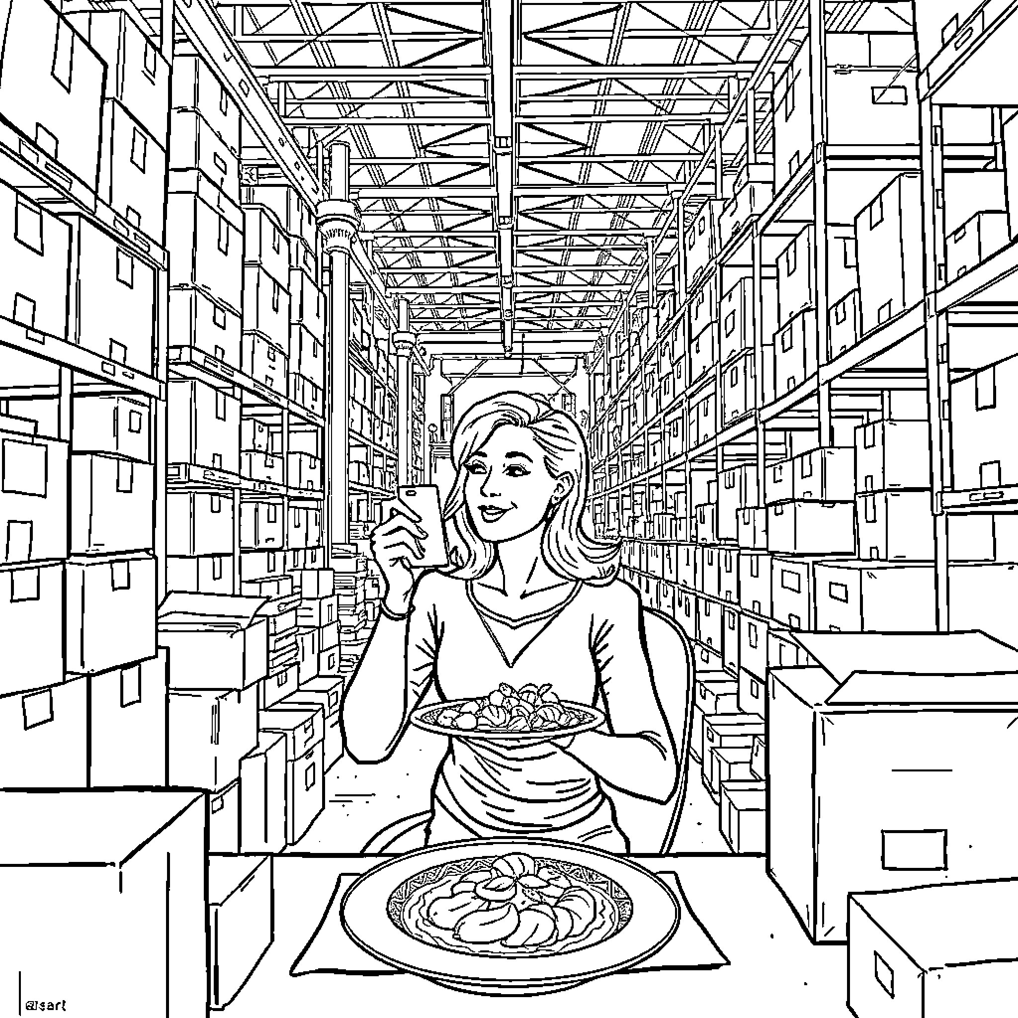 Woman enjoying meal in warehouse storage facility Coloring Page (free black-and-white line drawing printable PDF for all, from beginners to advanced learners, including children, teens, adults, and seniors)