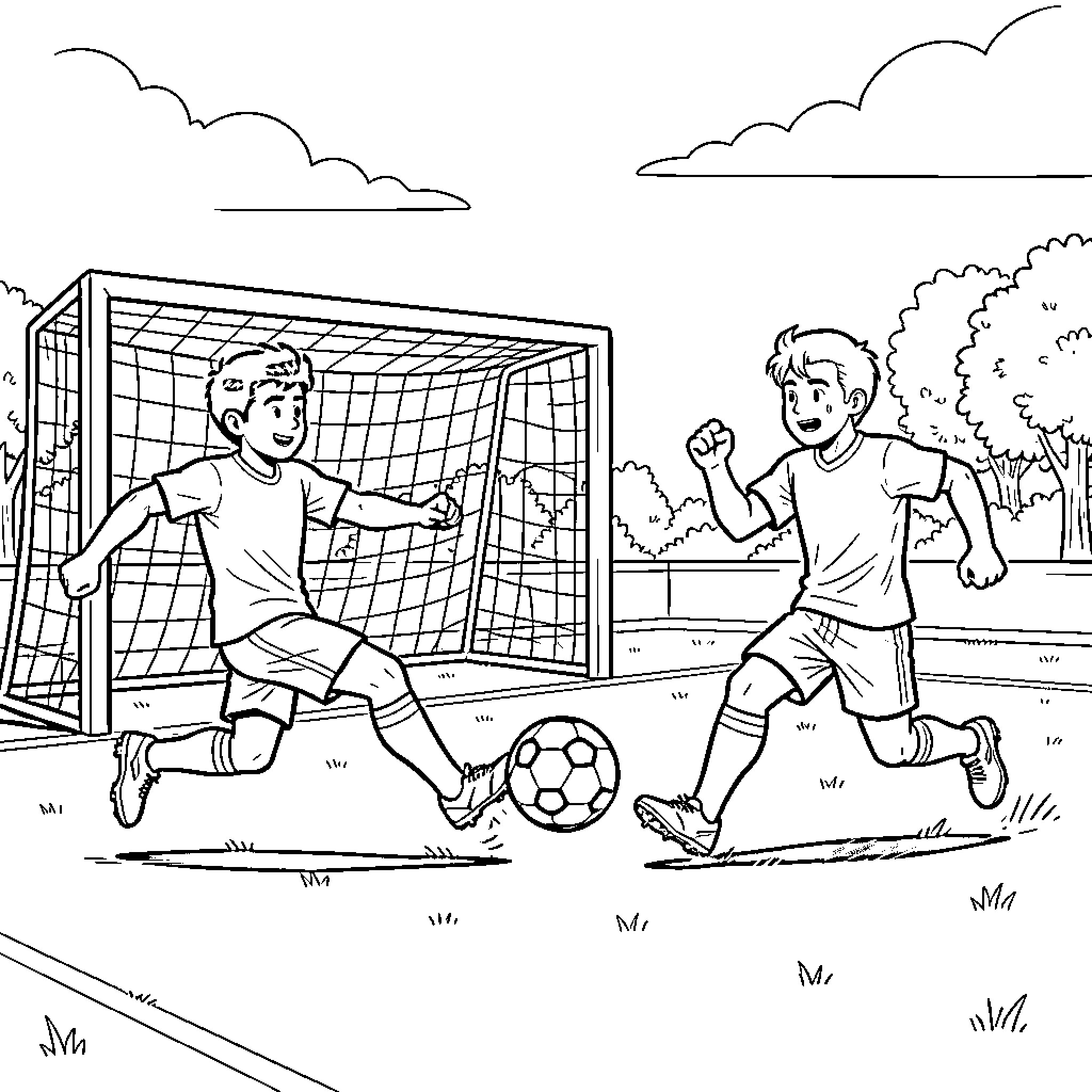 Soccer players competing during a match near the goal Coloring Page (free black-and-white line drawing printable PDF for all, from beginners to advanced learners, including children, teens, adults, and seniors)
