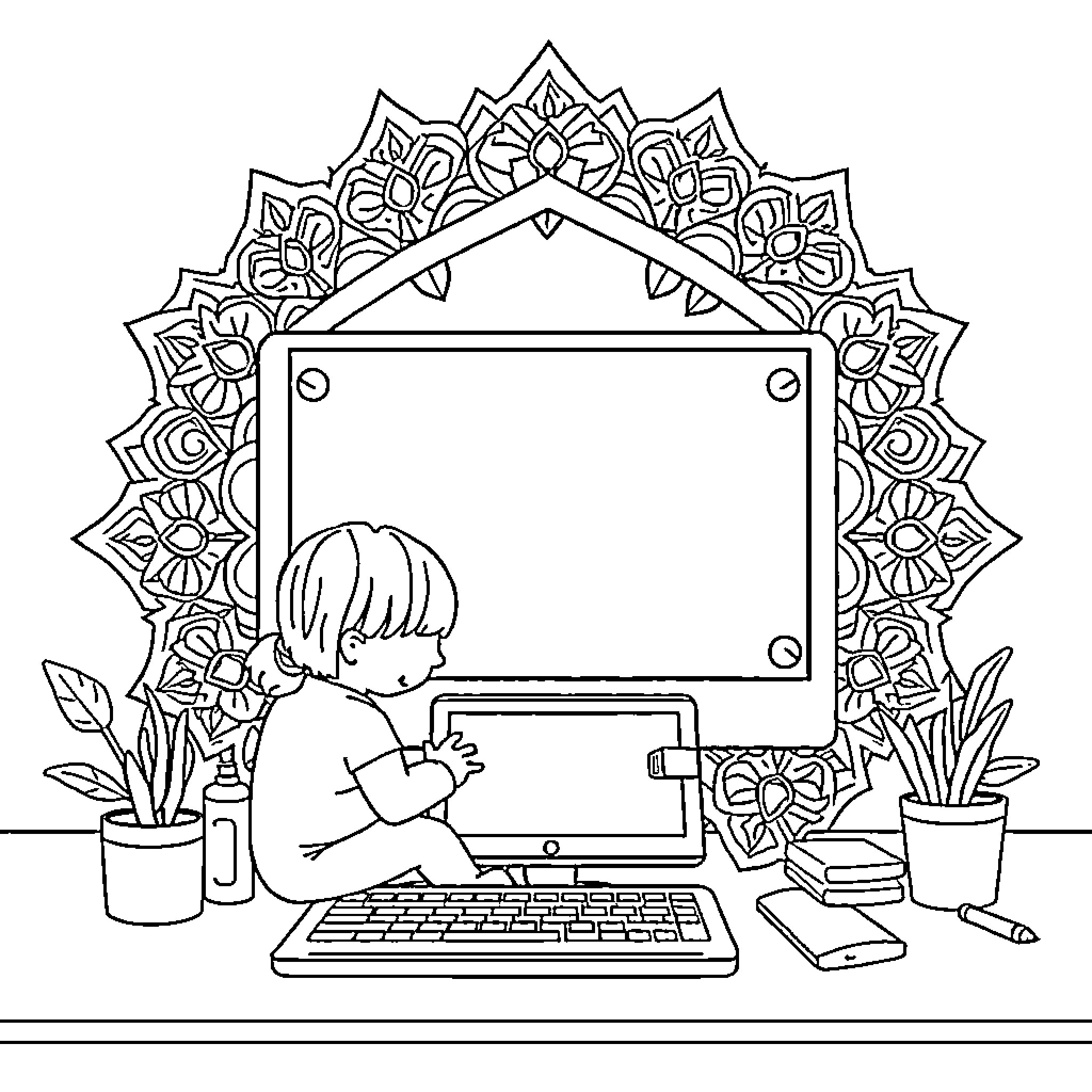 Mandalas framing a person working on a computer Coloring Page (free black-and-white line drawing printable PDF for all, from beginners to advanced learners, including children, teens, adults, and seniors)