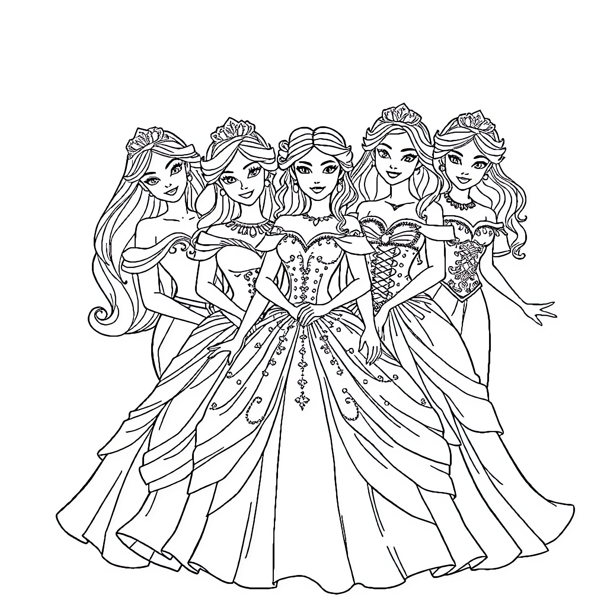 Princess and friends in elegant evening gowns Coloring Page (free black-and-white line drawing printable PDF for all, from beginners to advanced learners, including children, teens, adults, and seniors)