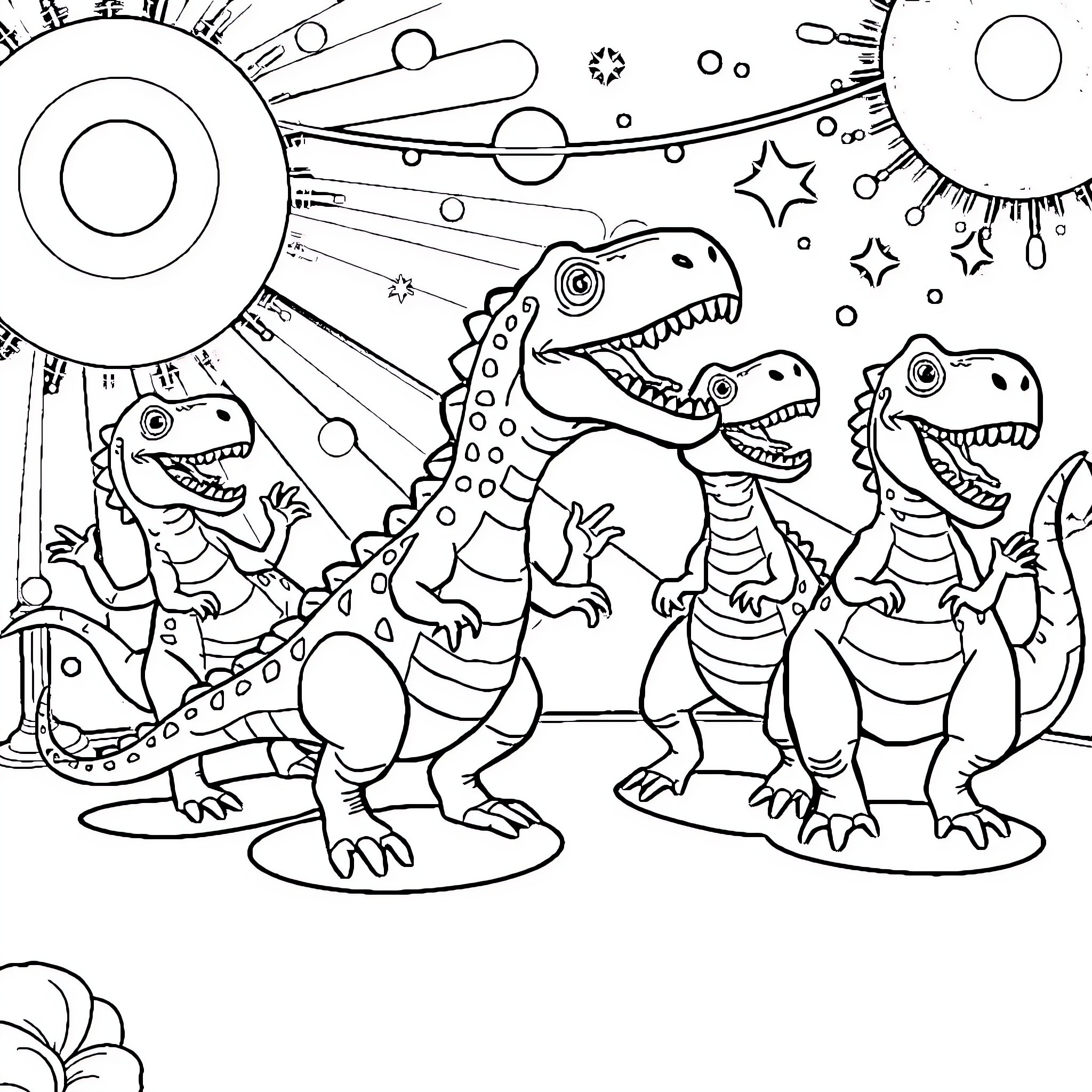 Dinosaurs dancing in the cosmic space Coloring Page (free black-and-white line drawing printable PDF for all, from beginners to advanced learners, including children, teens, adults, and seniors)