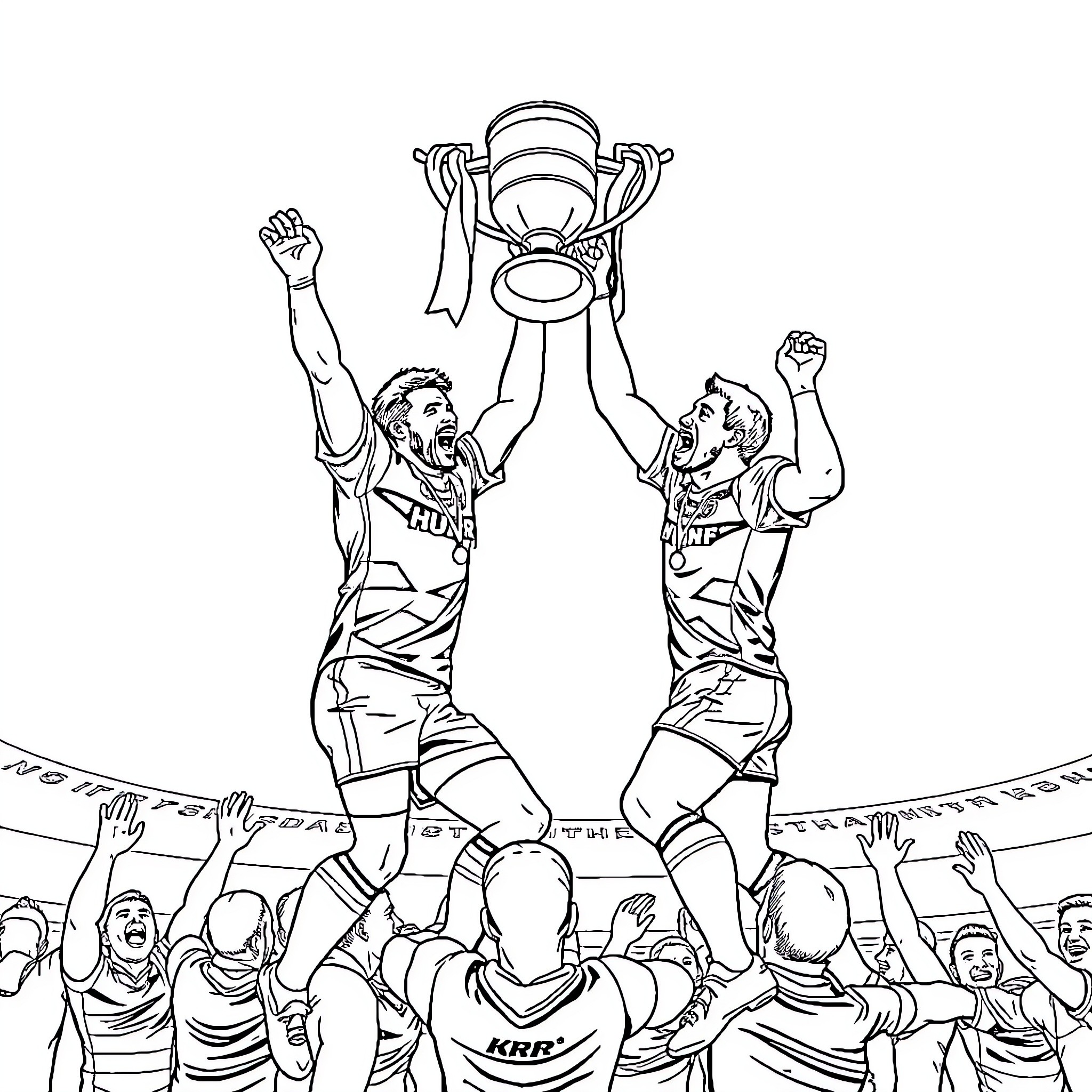 Hull Celebrating Sports Victory with Trophy Coloring Page (free black-and-white line drawing printable PDF for all, from beginners to advanced learners, including children, teens, adults, and seniors)