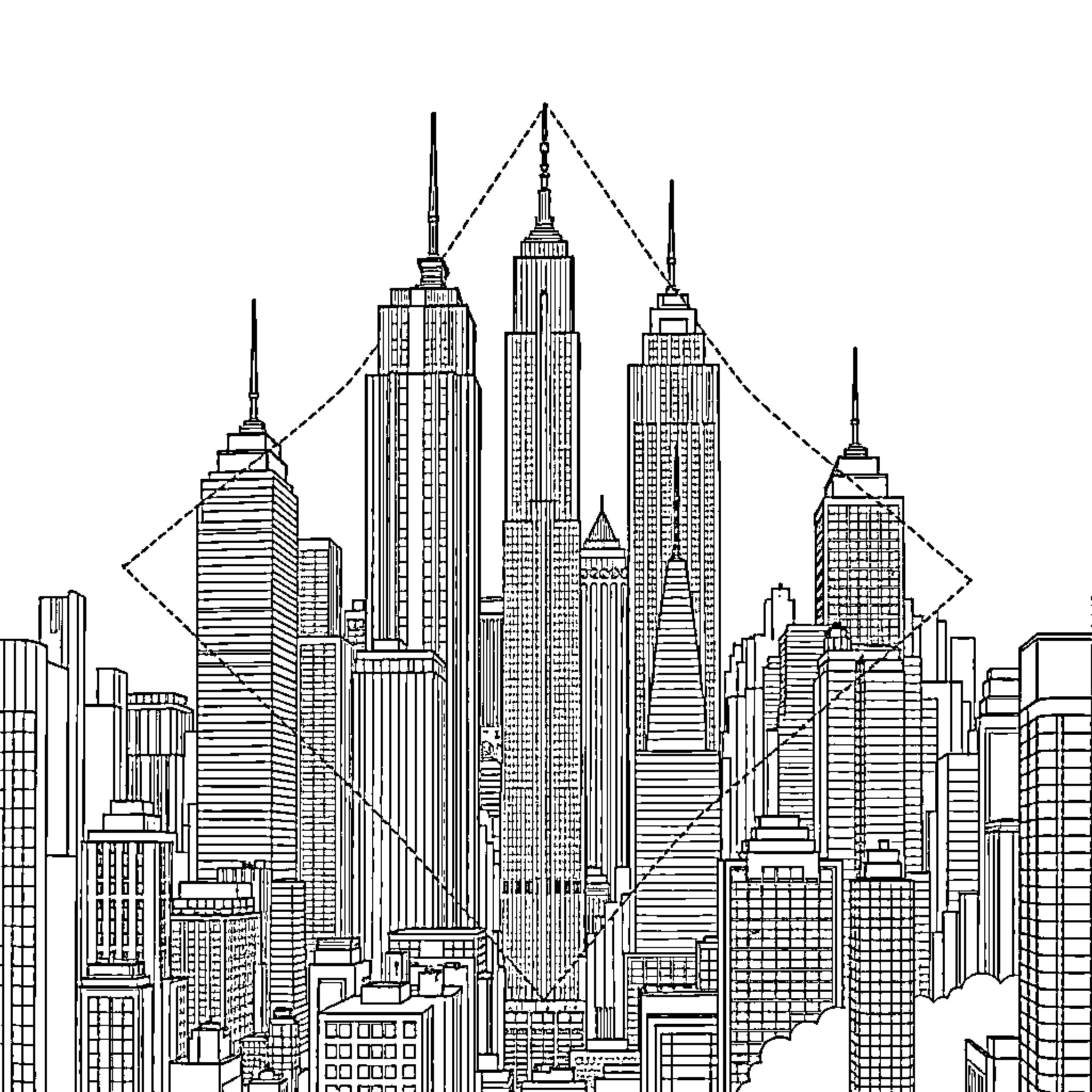 Cityscape of towering skyscrapers in a busy metropolis Coloring Page (free black-and-white line drawing printable PDF for all, from beginners to advanced learners, including children, teens, adults, and seniors)