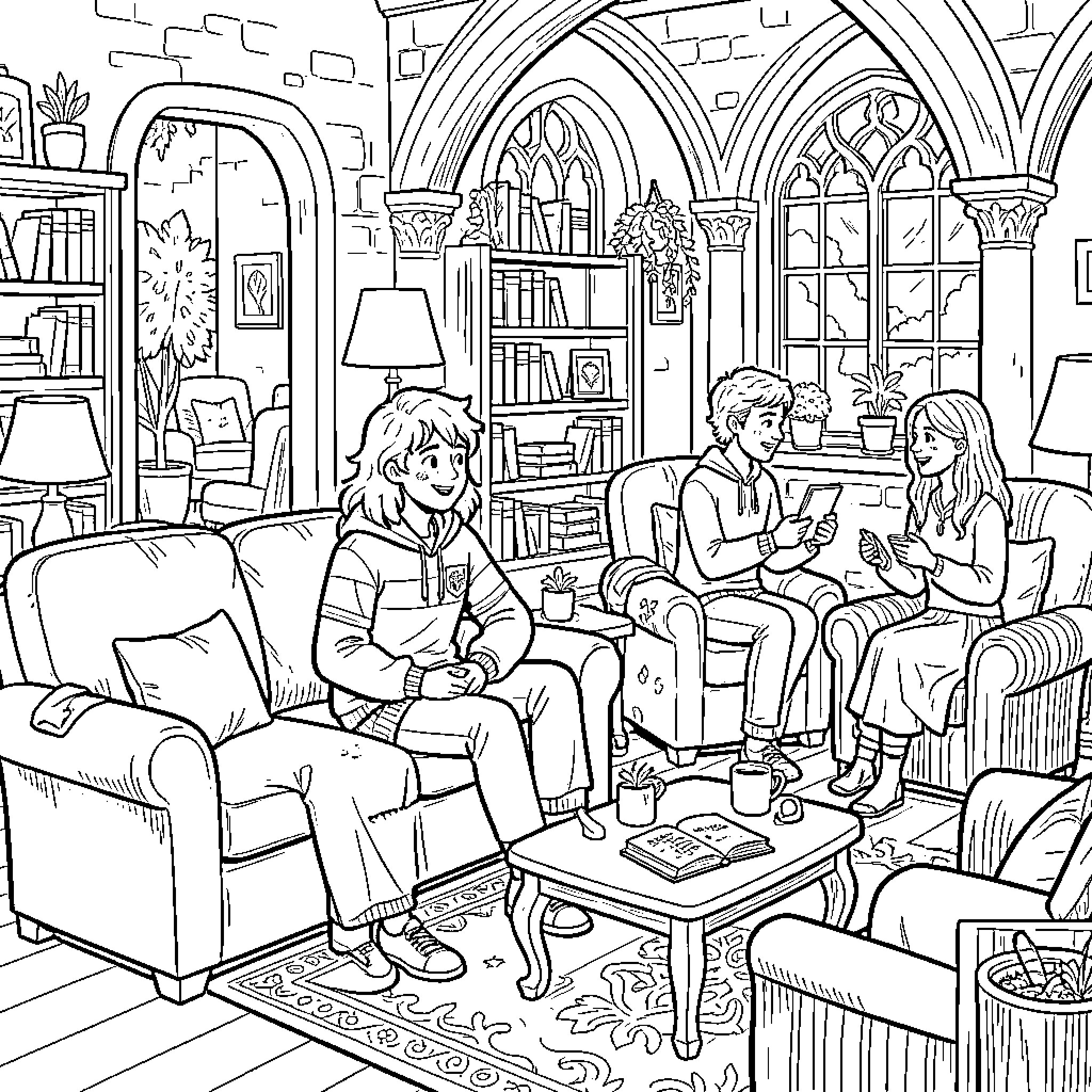 Hufflepuff students relaxing and chatting in a cozy lounge Coloring Page (free black-and-white line drawing printable PDF for all, from beginners to advanced learners, including children, teens, adults, and seniors)