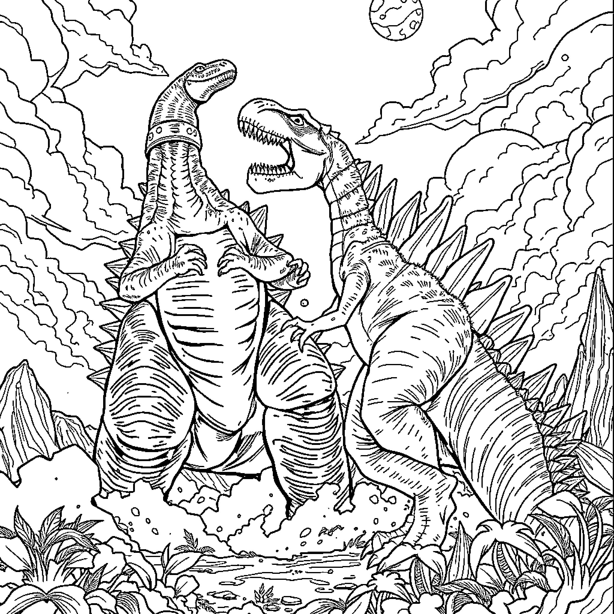 Dinosaurs battling in prehistoric landscape Coloring Page (free black-and-white line drawing printable PDF for all, from beginners to advanced learners, including children, teens, adults, and seniors)