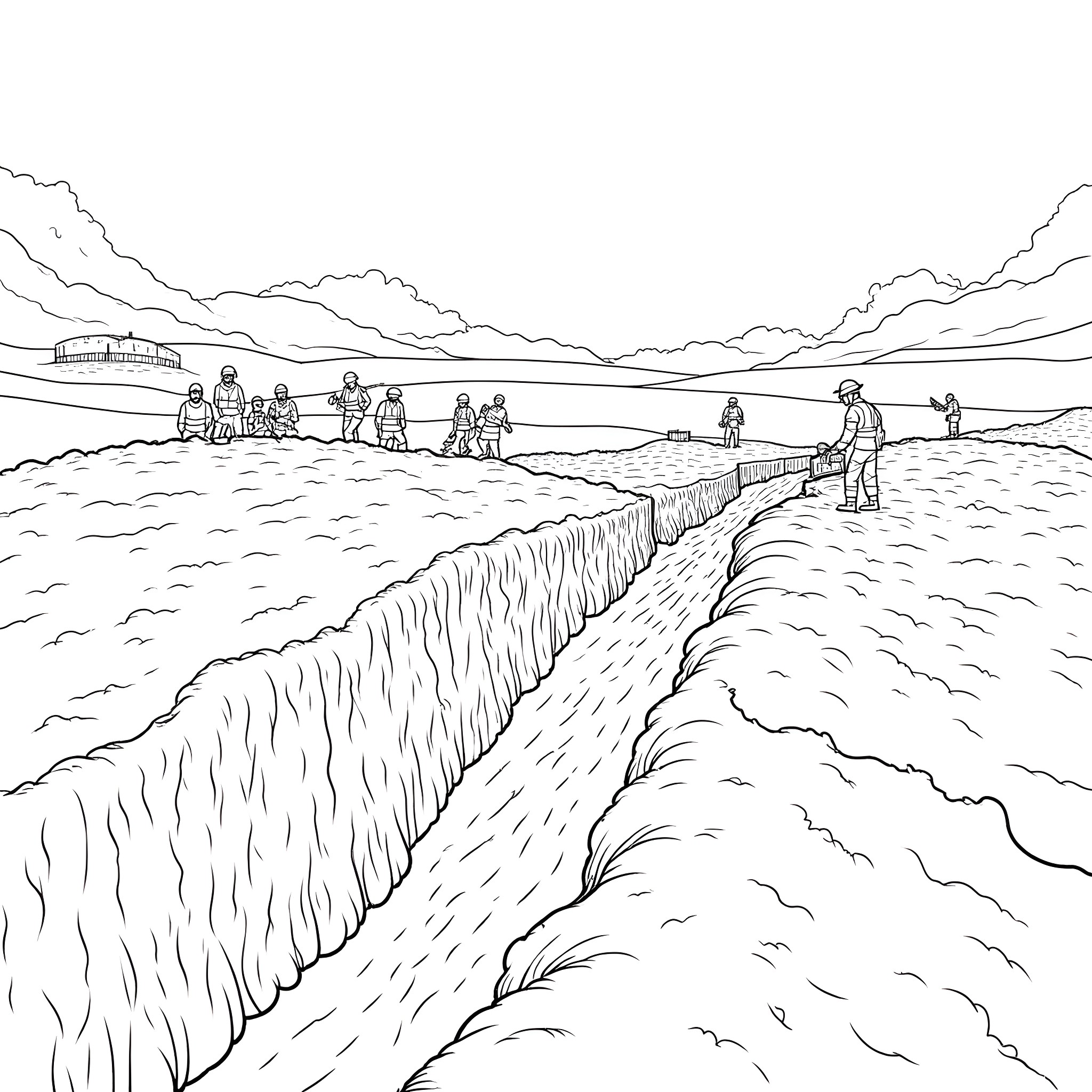 War-torn landscape with displaced people crossing a muddy field Coloring Page (free black-and-white line drawing printable PDF for all, from beginners to advanced learners, including children, teens, adults, and seniors)
