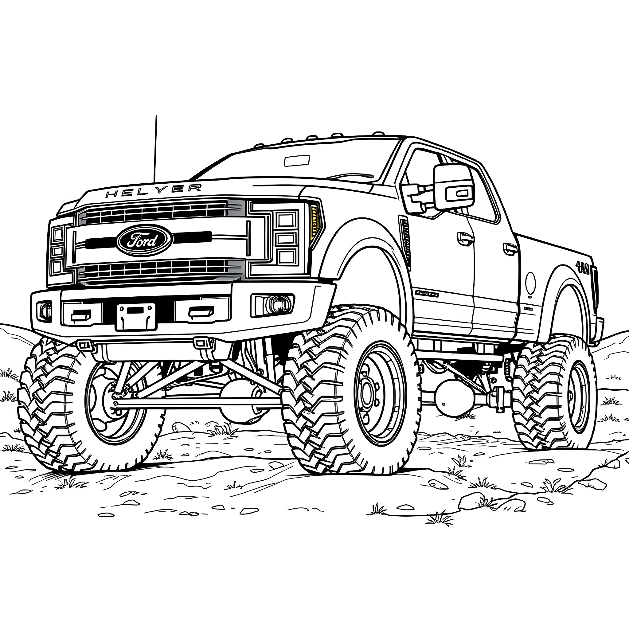 Ford Dually lifted truck in the wilderness Coloring Page (free black-and-white line drawing printable PDF for all, from beginners to advanced learners, including children, teens, adults, and seniors)