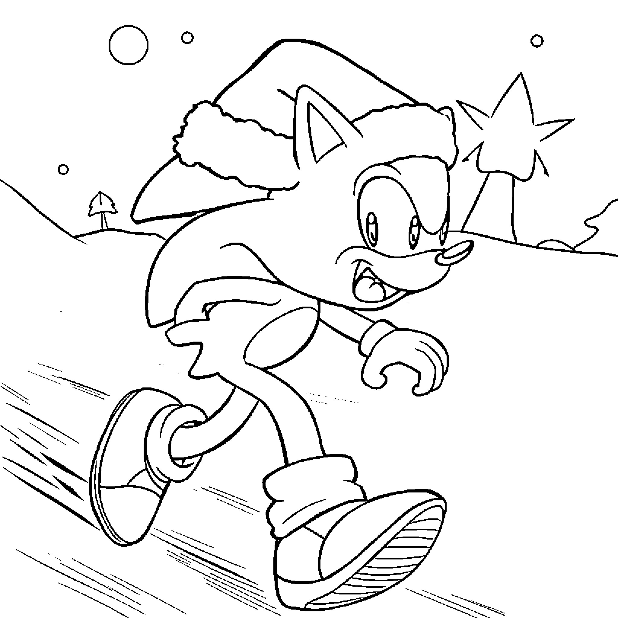 Sonic running through a snowy landscape Coloring Page (free black-and-white line drawing printable PDF for all, from beginners to advanced learners, including children, teens, adults, and seniors)