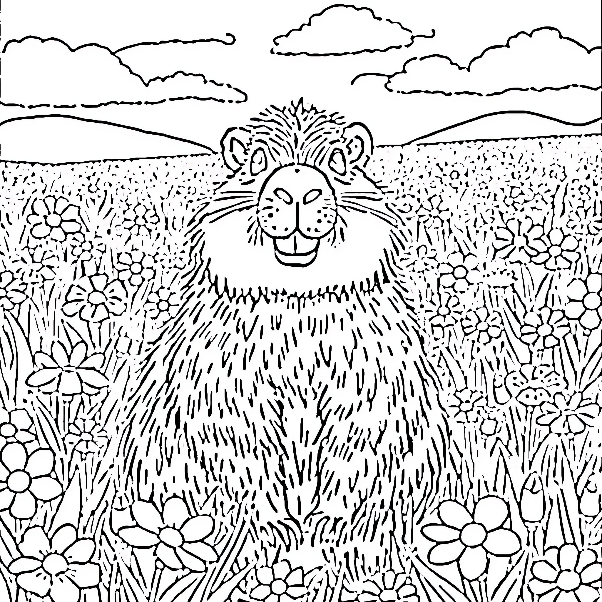 Capybara surrounded by colorful flowers in a field Coloring Page (free black-and-white line drawing printable PDF for all, from beginners to advanced learners, including children, teens, adults, and seniors)
