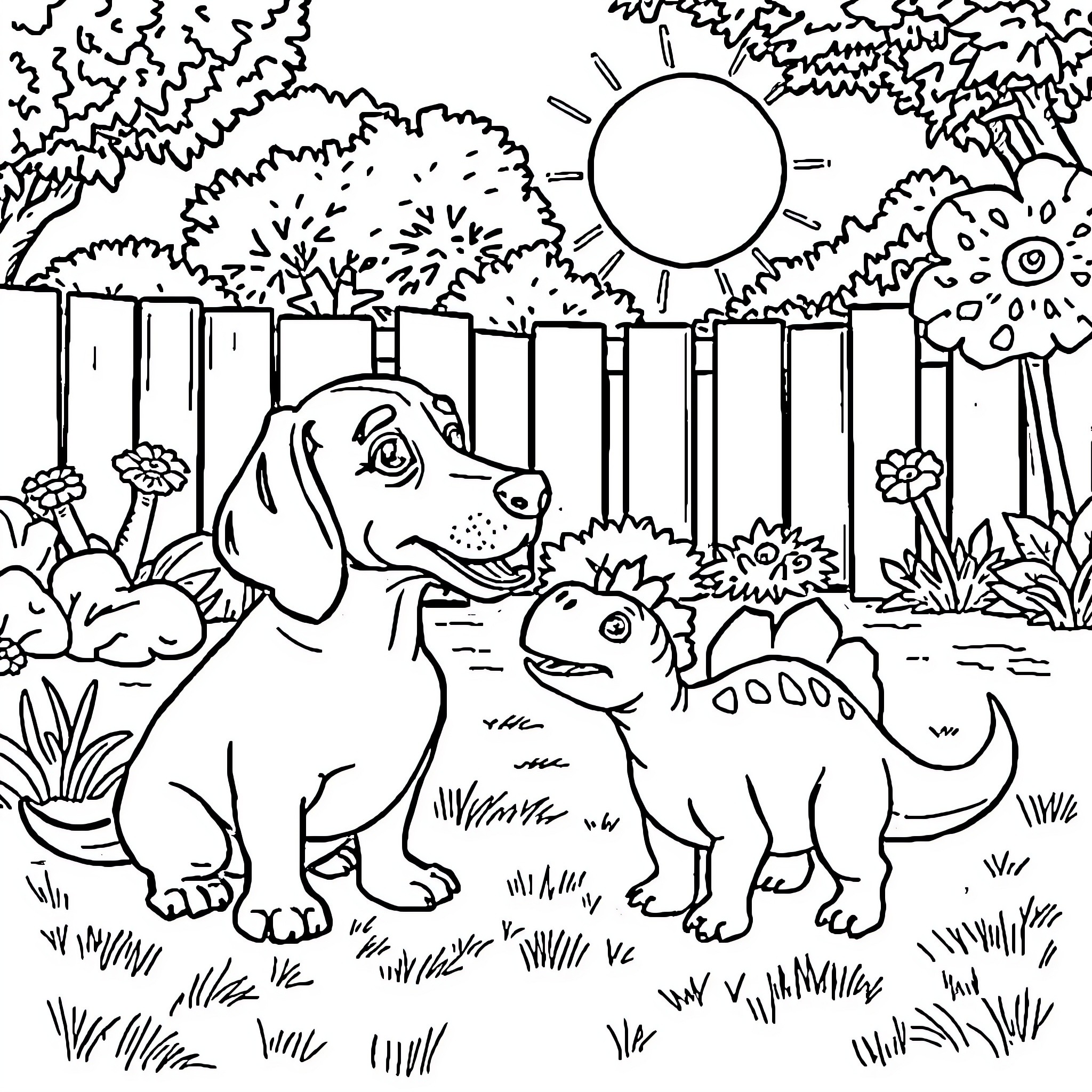 Dachshund puppies playing in the backyard Coloring Page (free black-and-white line drawing printable PDF for all, from beginners to advanced learners, including children, teens, adults, and seniors)