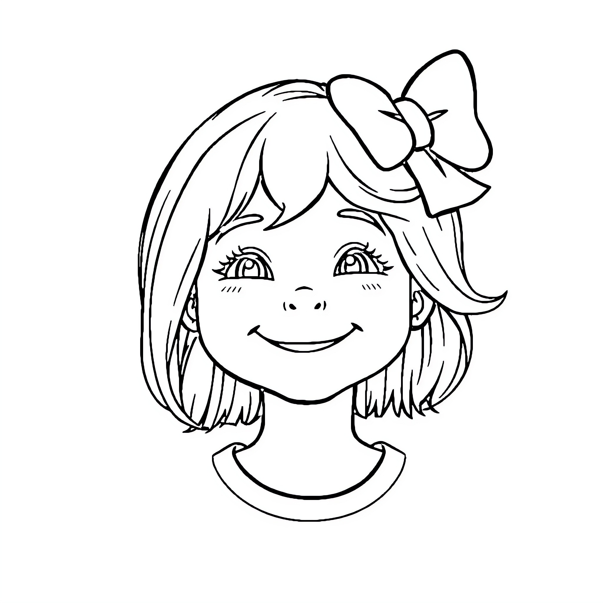Hair Bow Girl's Smiling Face Coloring Page (free black-and-white line drawing printable PDF for all, from beginners to advanced learners, including children, teens, adults, and seniors)