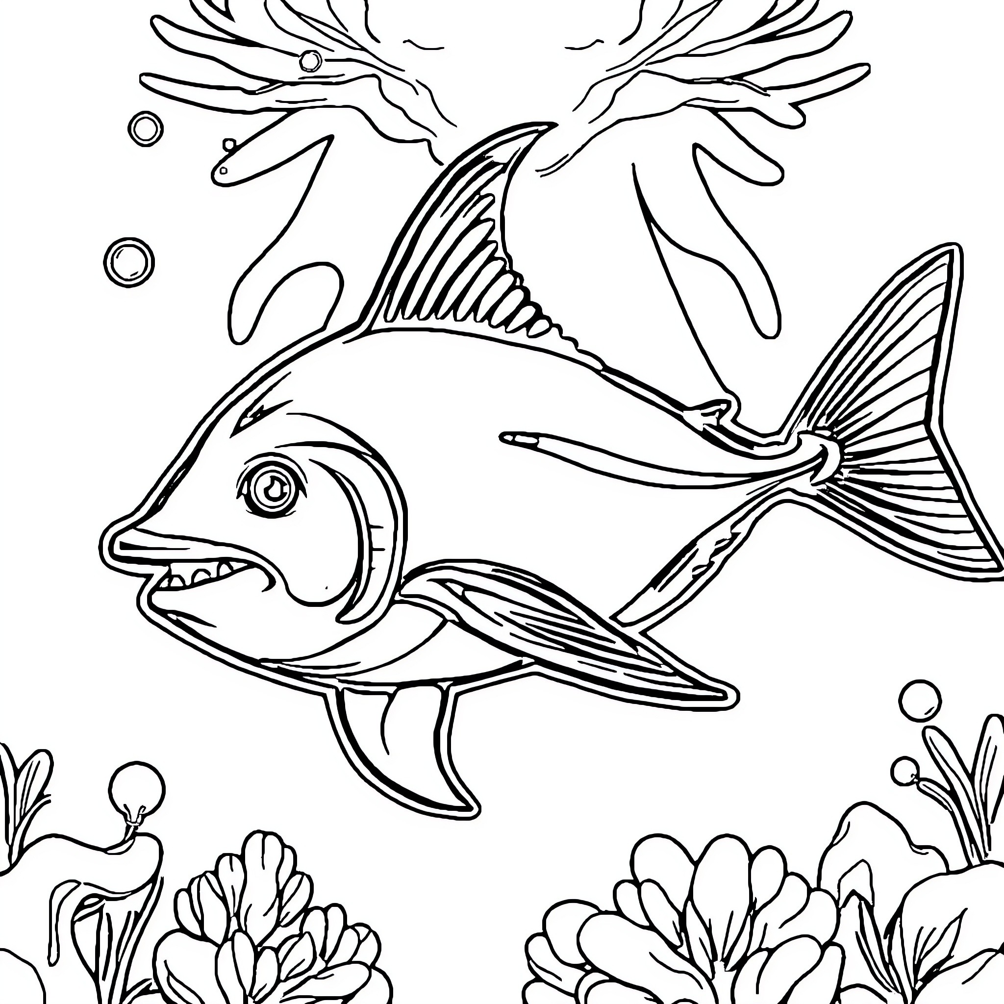 Starfish swimming among underwater plants Coloring Page (free black-and-white line drawing printable PDF for all, from beginners to advanced learners, including children, teens, adults, and seniors)