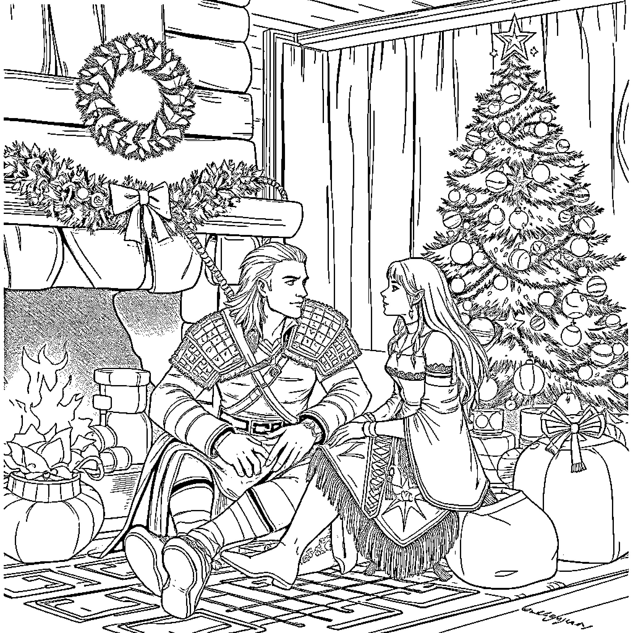 Geralt and Yennefer's Festive Celebration Coloring Page (free black-and-white line drawing printable PDF for all, from beginners to advanced learners, including children, teens, adults, and seniors)